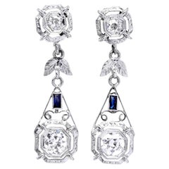 Vinatge Deco Diamond Sapphire Platinum Floral Dangle Earrings