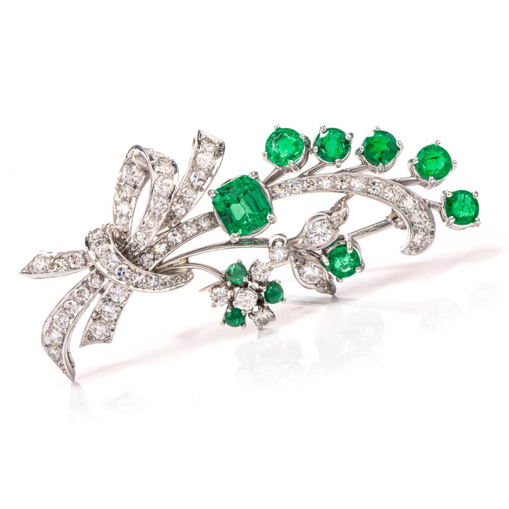 Emerald Cut Vinatge Deco Emerald Diamond Platinum Flower Bouquet Pin