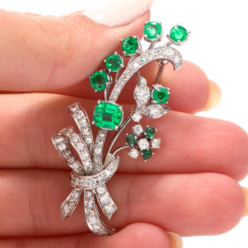 Vinatge Deco Emerald Diamond Platinum Flower Bouquet Pin In Excellent Condition In Miami, FL