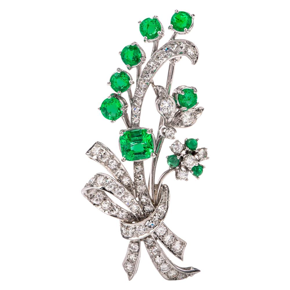Vinatge Deco Emerald Diamond Platinum Flower Bouquet Pin