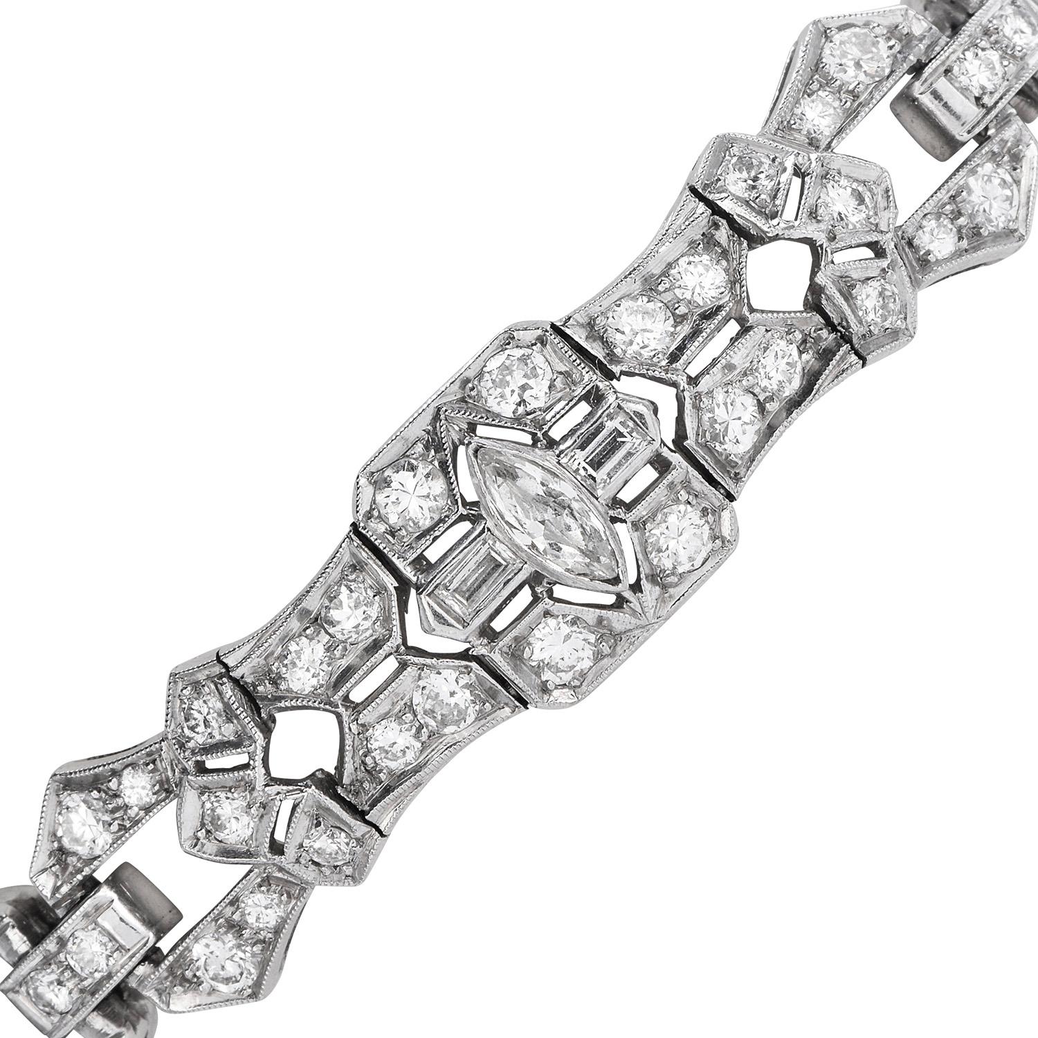 This Geometrically Intricate antique piece, is an original Art Deco, an easy-to-wear bracelet for any occasion.

this vintage 1940's Crafted in solid Platinum, its center composed of 3  Marquise-cut & 6 Baguette-cut, Bezel set, Diamonds and approx.
