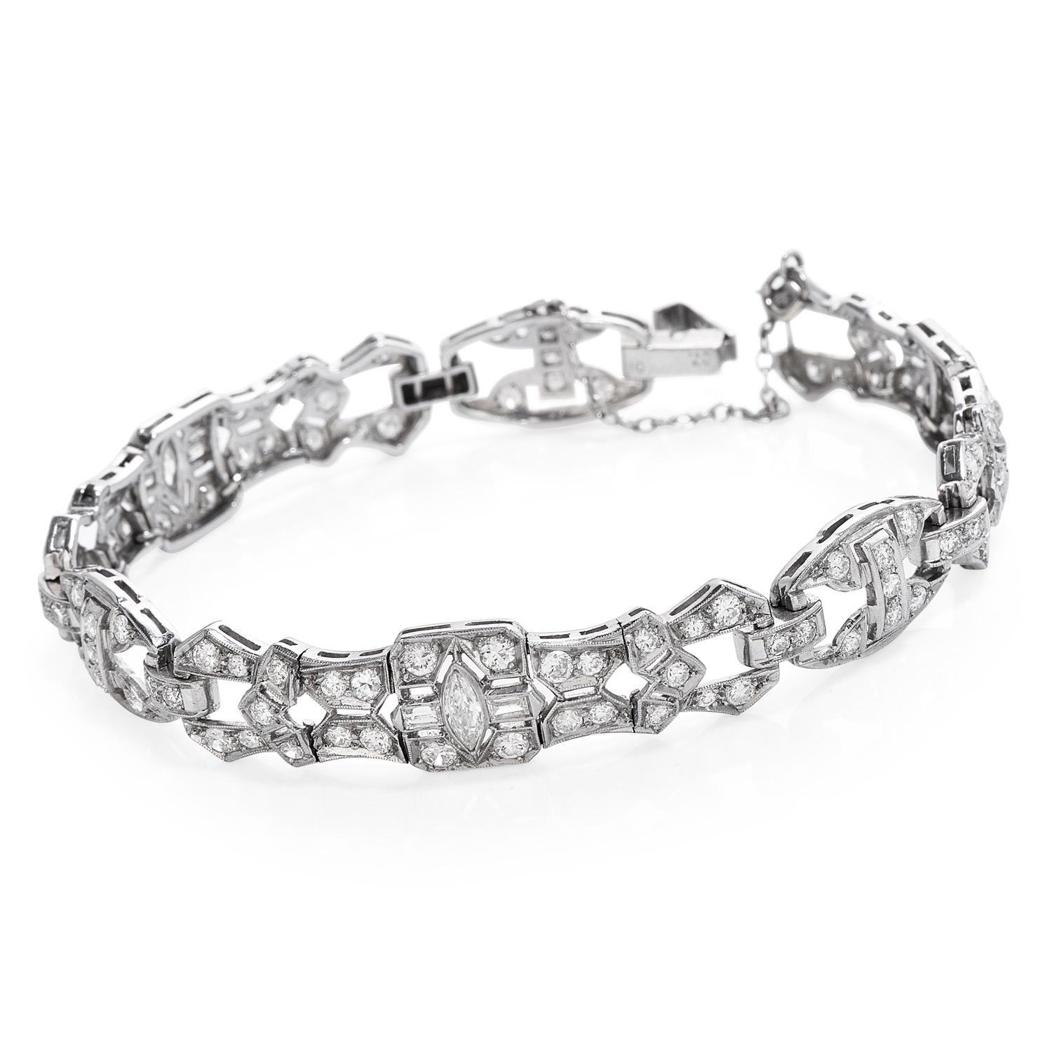 Round Cut Vinatge Diamond Platinum Art Deco Link Bracelet