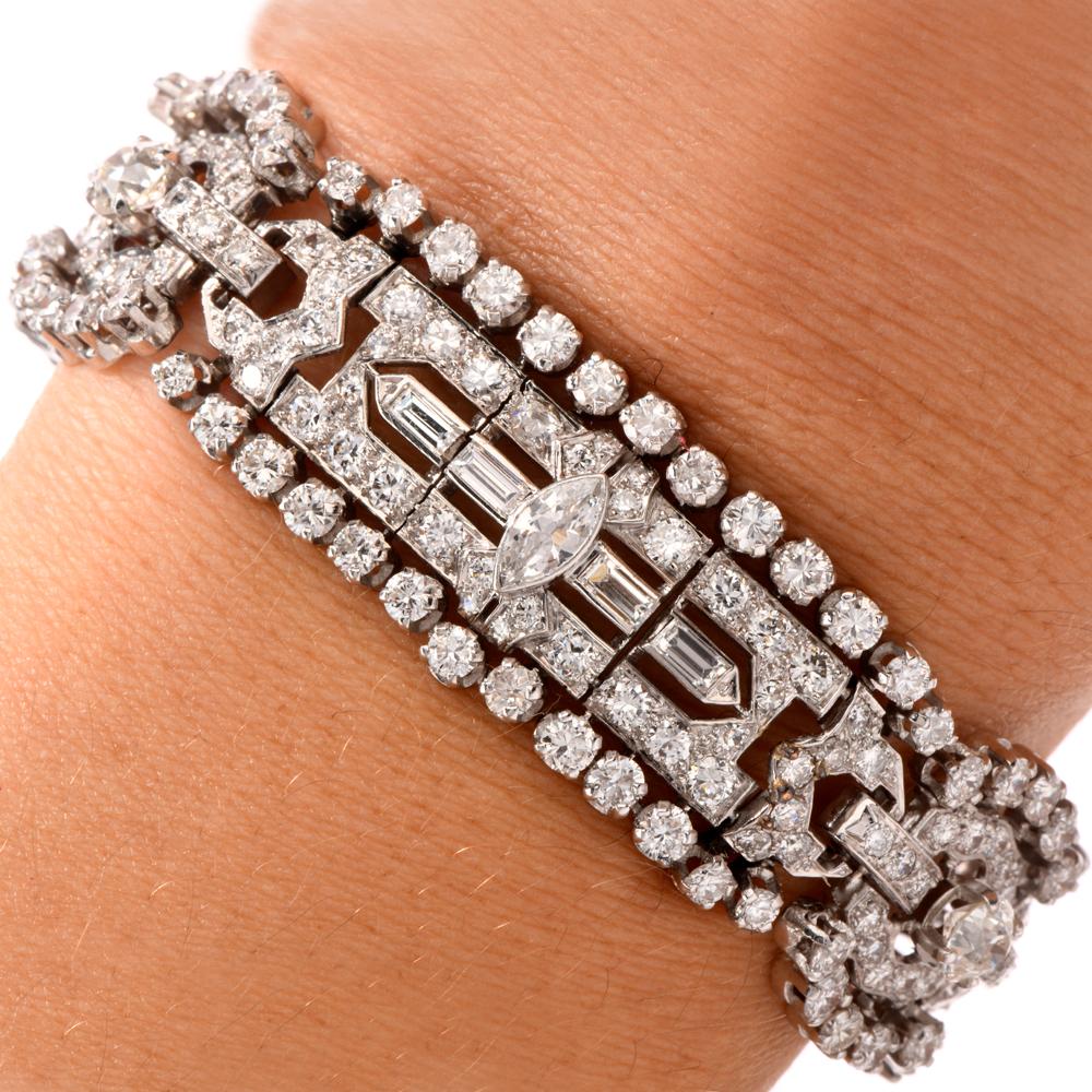 Art Deco Vinatge European Diamond Platinum Wide Link Bracelet
