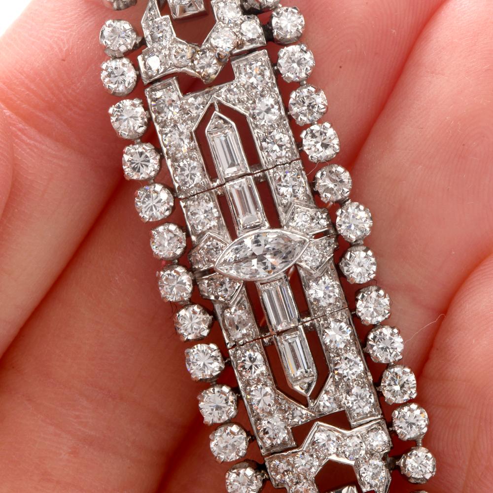 Round Cut Vinatge European Diamond Platinum Wide Link Bracelet