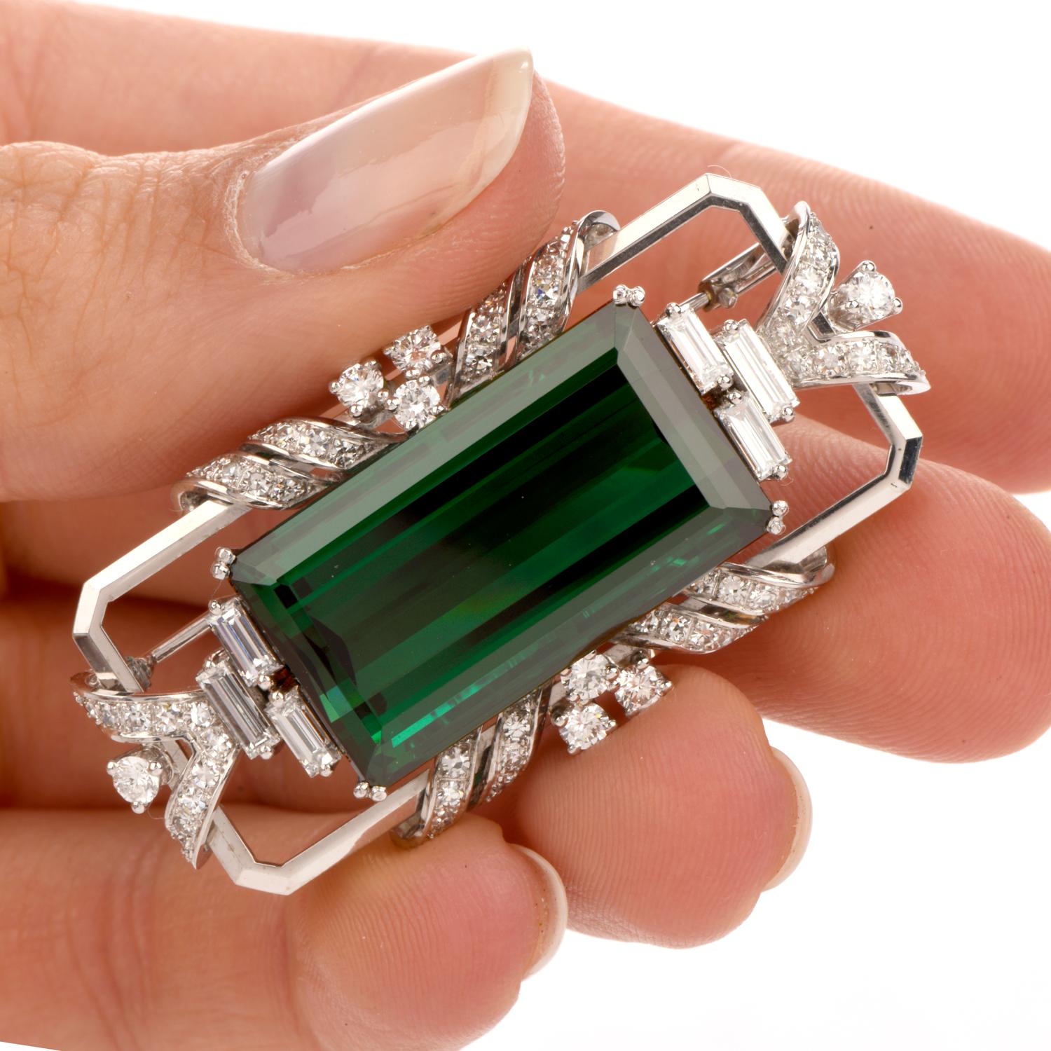 Emerald Cut Art Deco Style Green Tourmaline Diamond 18 Karat White Gold Pin Brooch