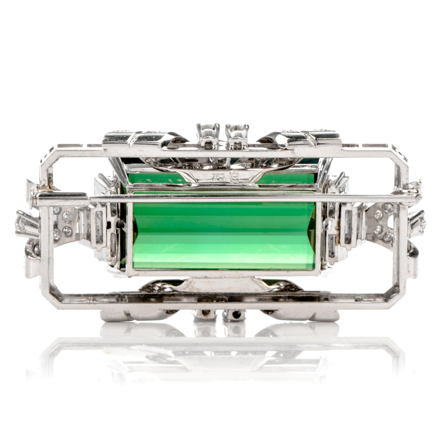 Women's Art Deco Style Green Tourmaline Diamond 18 Karat White Gold Pin Brooch
