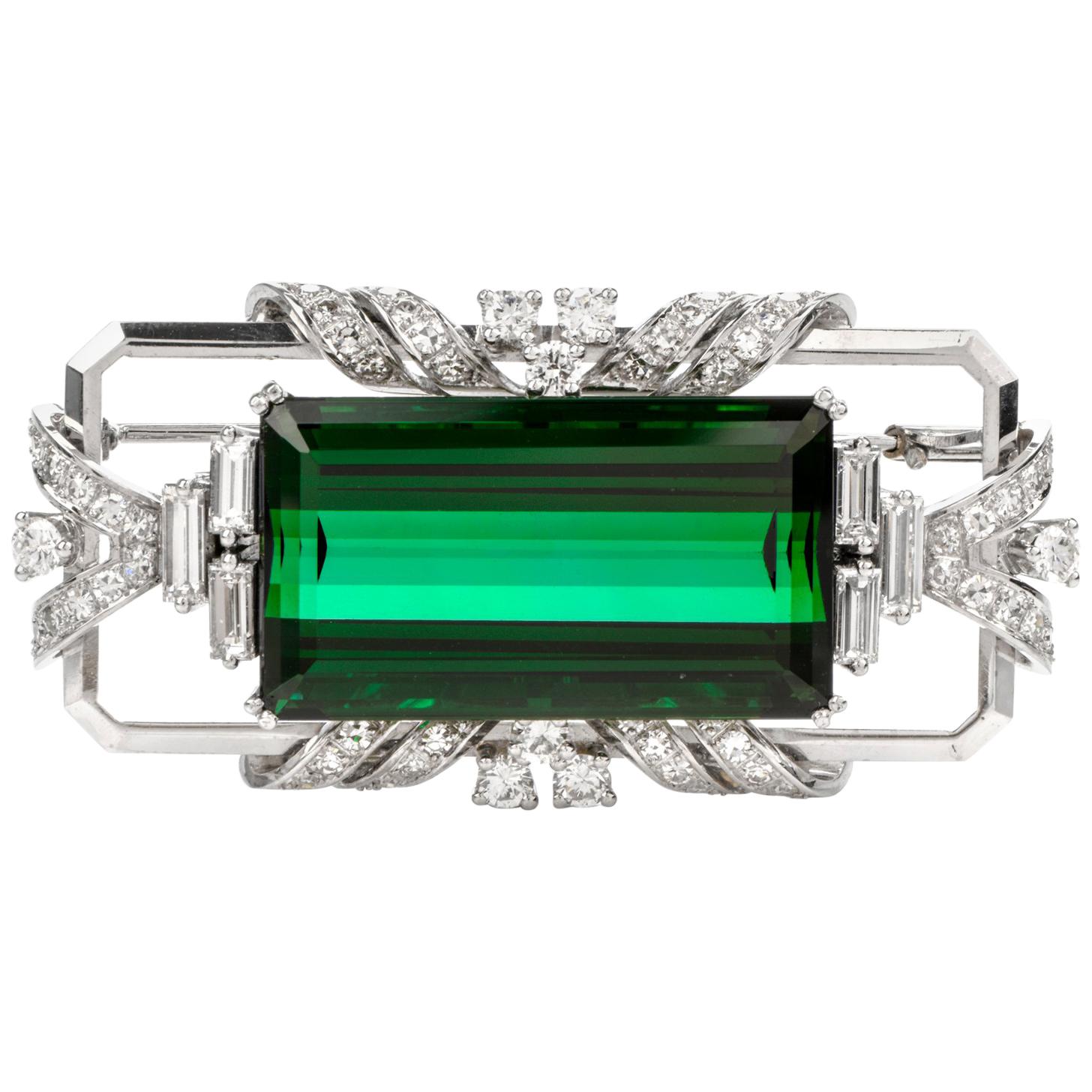 Art Deco Style Green Tourmaline Diamond 18 Karat White Gold Pin Brooch