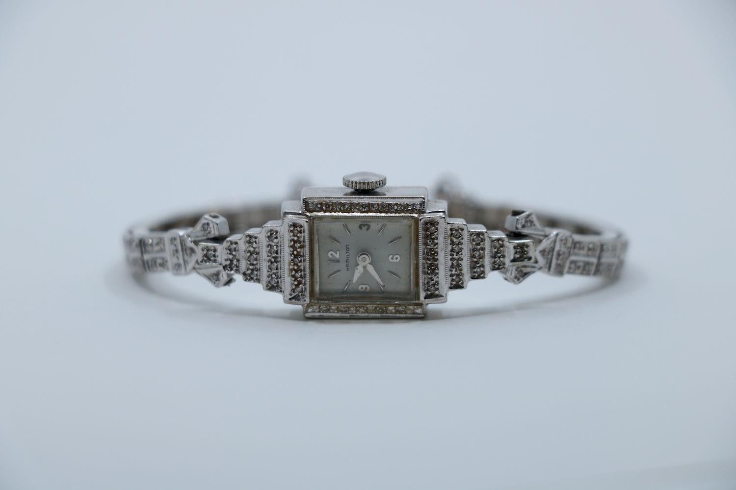 Vinatge Hamilton 14K White Gold Diamond Watch Bracelet 6