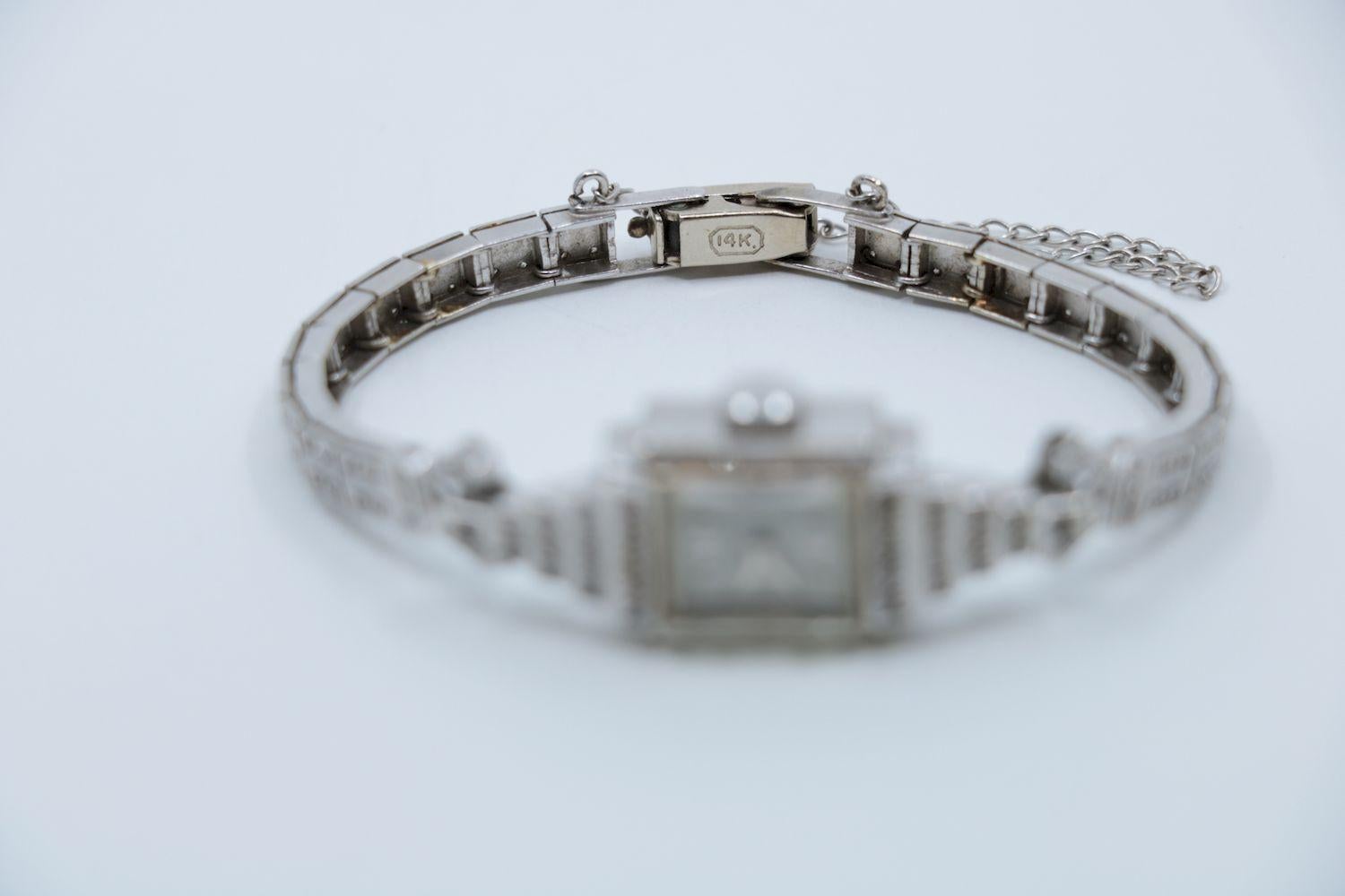 Vinatge Hamilton 14K White Gold Diamond Watch Bracelet 8