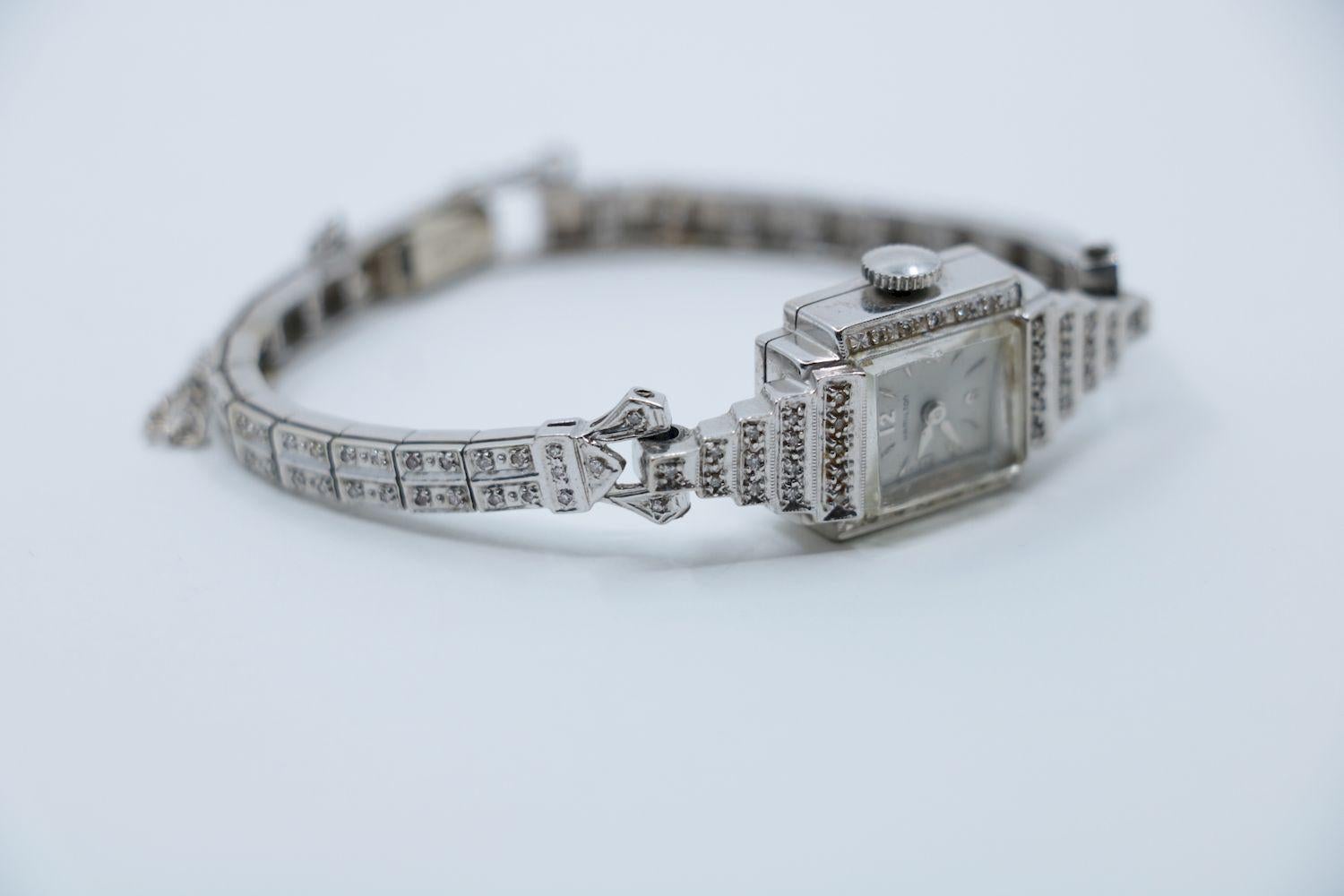 Vinatge Hamilton 14K White Gold Diamond Watch Bracelet In Good Condition In Flushing, NY