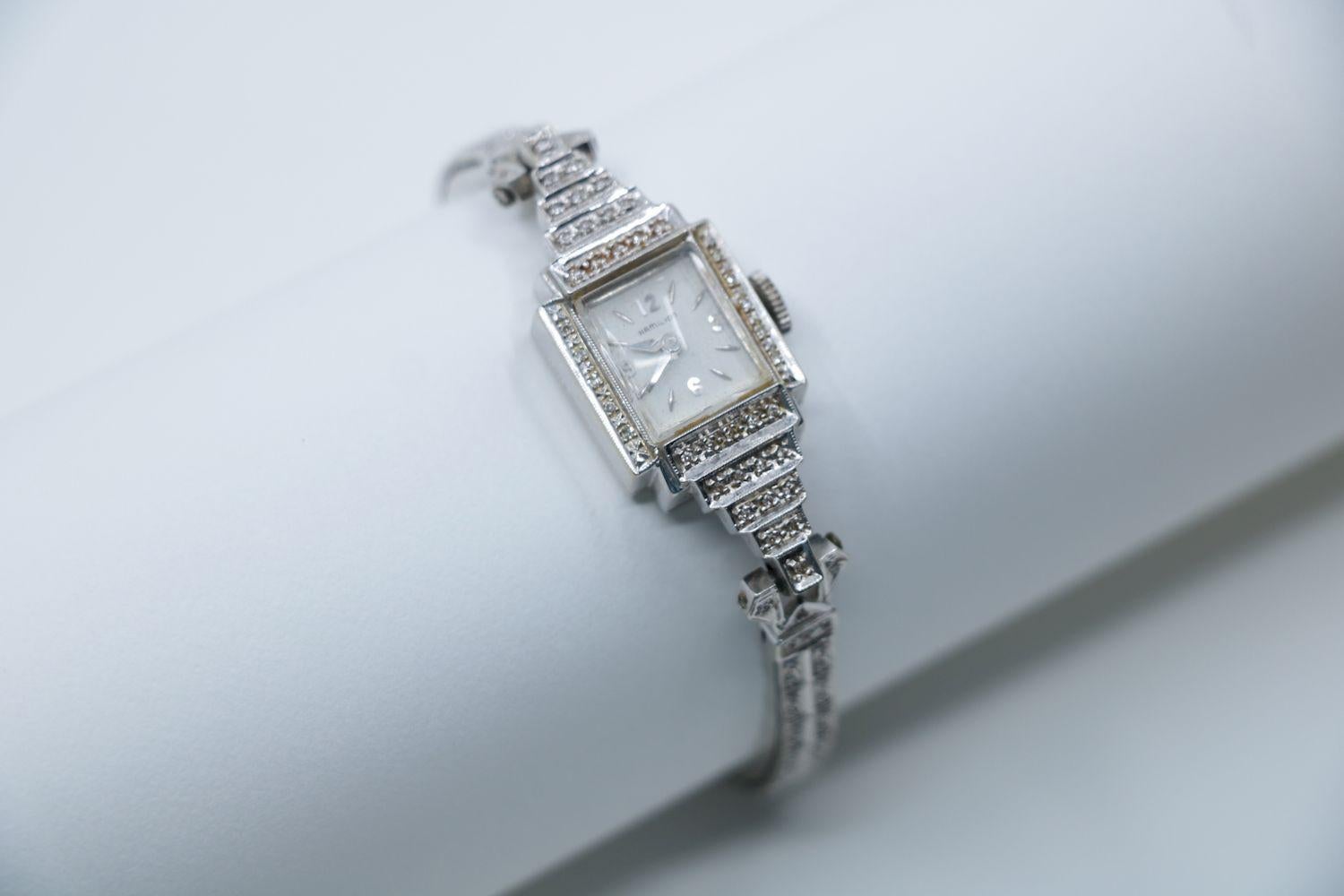 Women's or Men's Vinatge Hamilton 14K White Gold Diamond Watch Bracelet