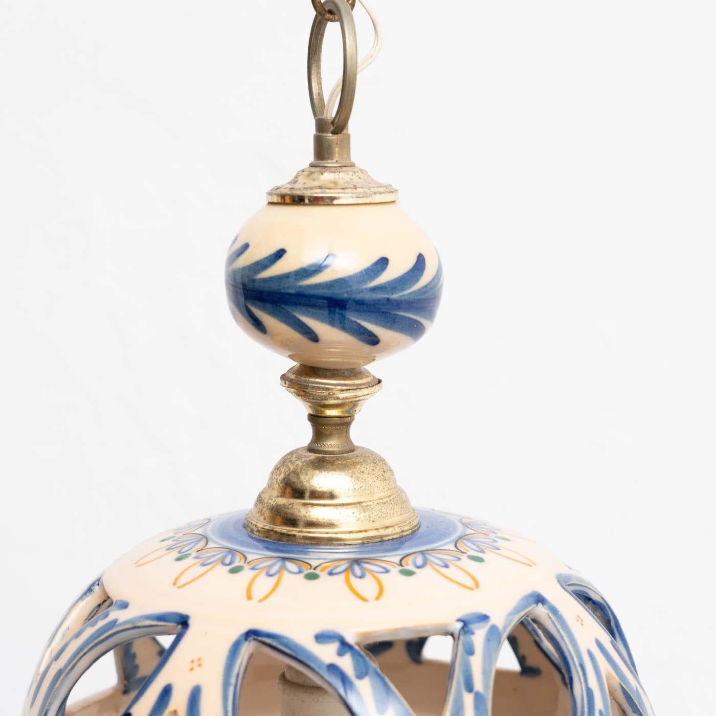 Vinatge Hand Painted Ceramic Ceiling Lamp, circa 1980 In Good Condition For Sale In Barcelona, ES