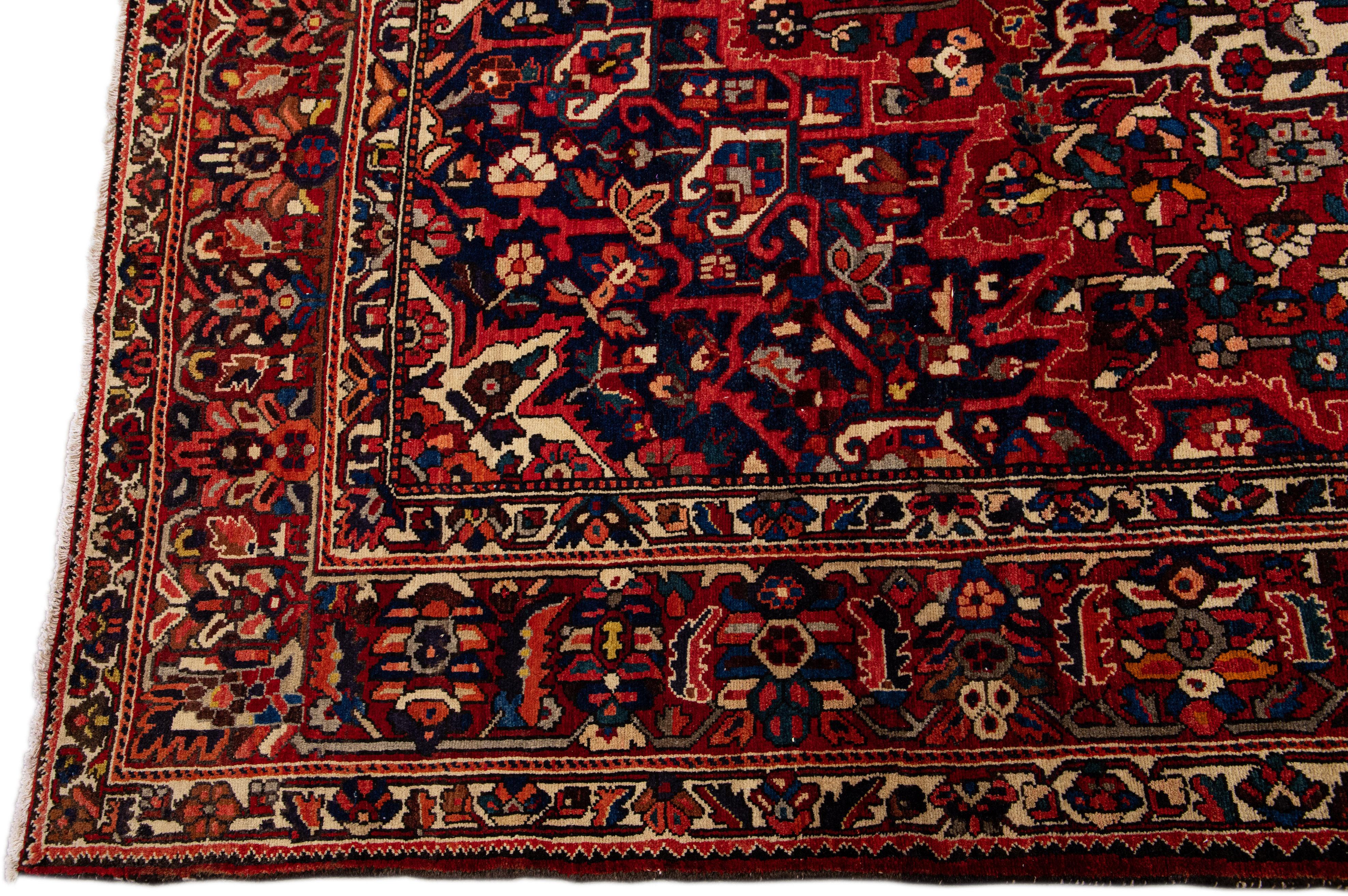 Persian Vintage Heriz Red Handmade Medallion Designed Square Wool Rug  For Sale