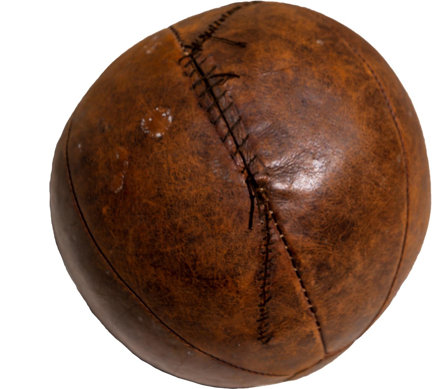 Leather medicine ball with great patina.