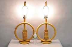 Vinatge Mid Century Modern Bentwood Bamboo Tiki Rattan Hoop Table Lamps - a Pair