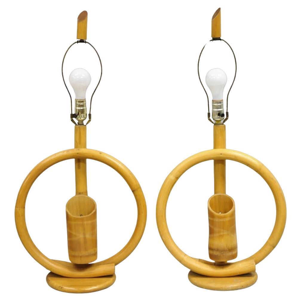 Vinatge Mid Century Modern Bentwood Bamboo Tiki Rattan Hoop Table Lamps - a Pair