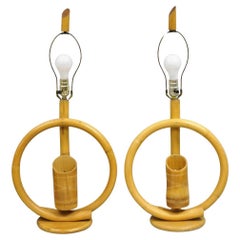 Vinatge Mid Century Modern Bentwood Bamboo Tiki Rattan Hoop Table Lamps - a Pair
