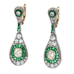 Vinatge Old Cushion Diamond Emerald Dangle Drop Earrings