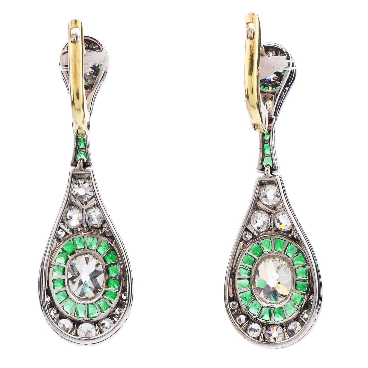 Art Deco Vinatge Old Cushion Diamond Emerald Dangle Drop Earrings
