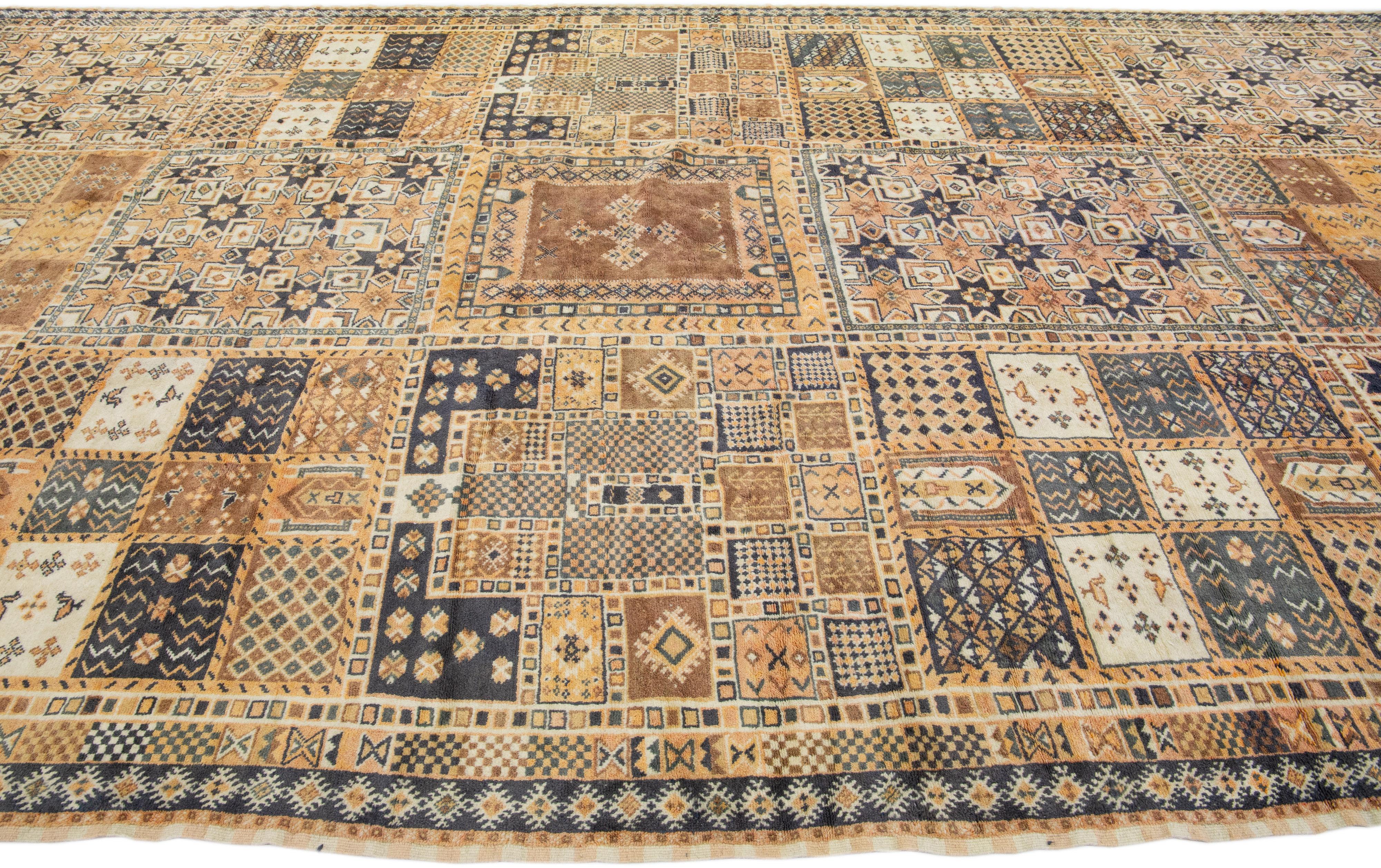 Hand-Knotted Vintage Oversize Moroccan Wool Rug with Allover Design in Peach & Gray For Sale