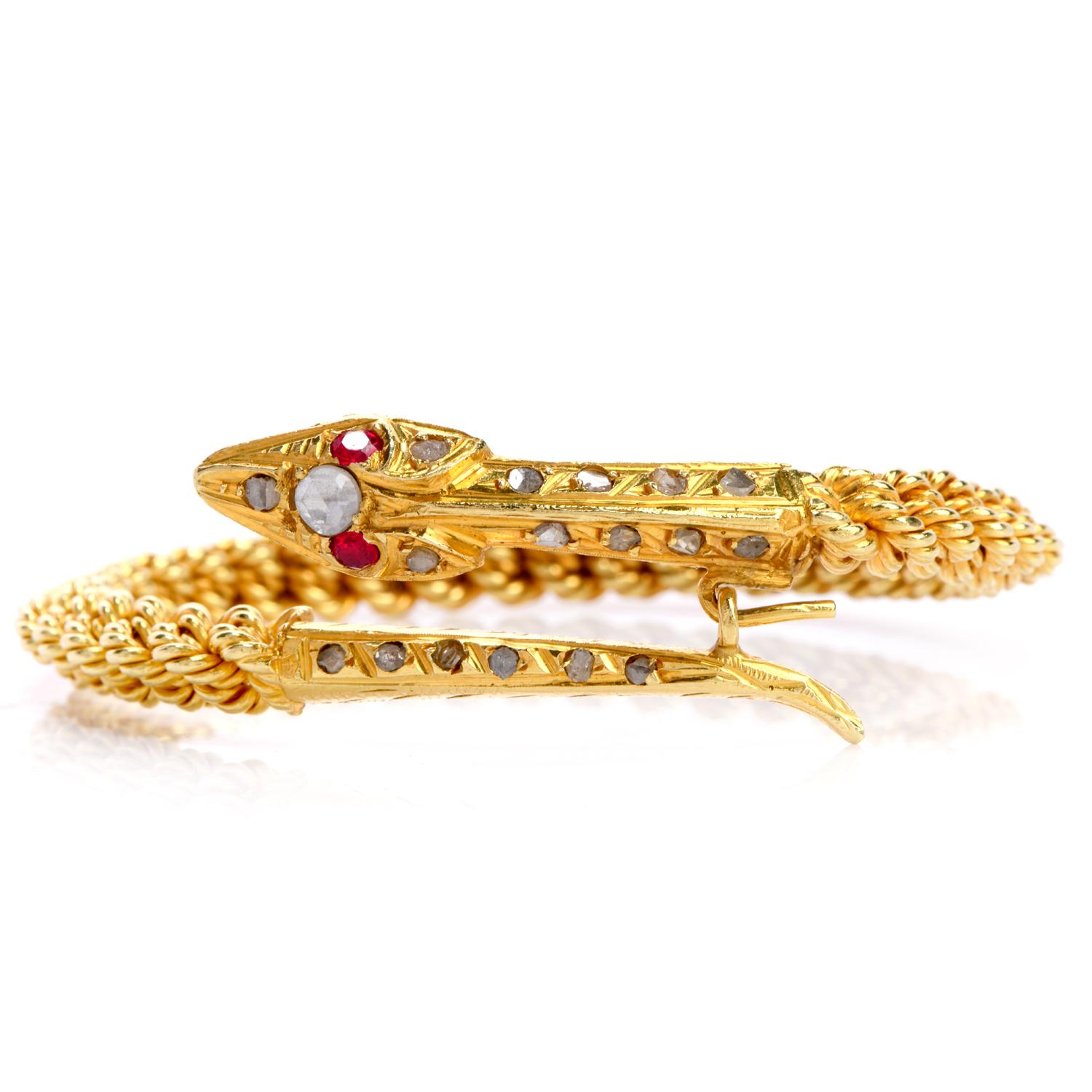 Retro Vintage Snake Diamond Ruby 18 Karat Yellow Twisted Bangle Bracelet