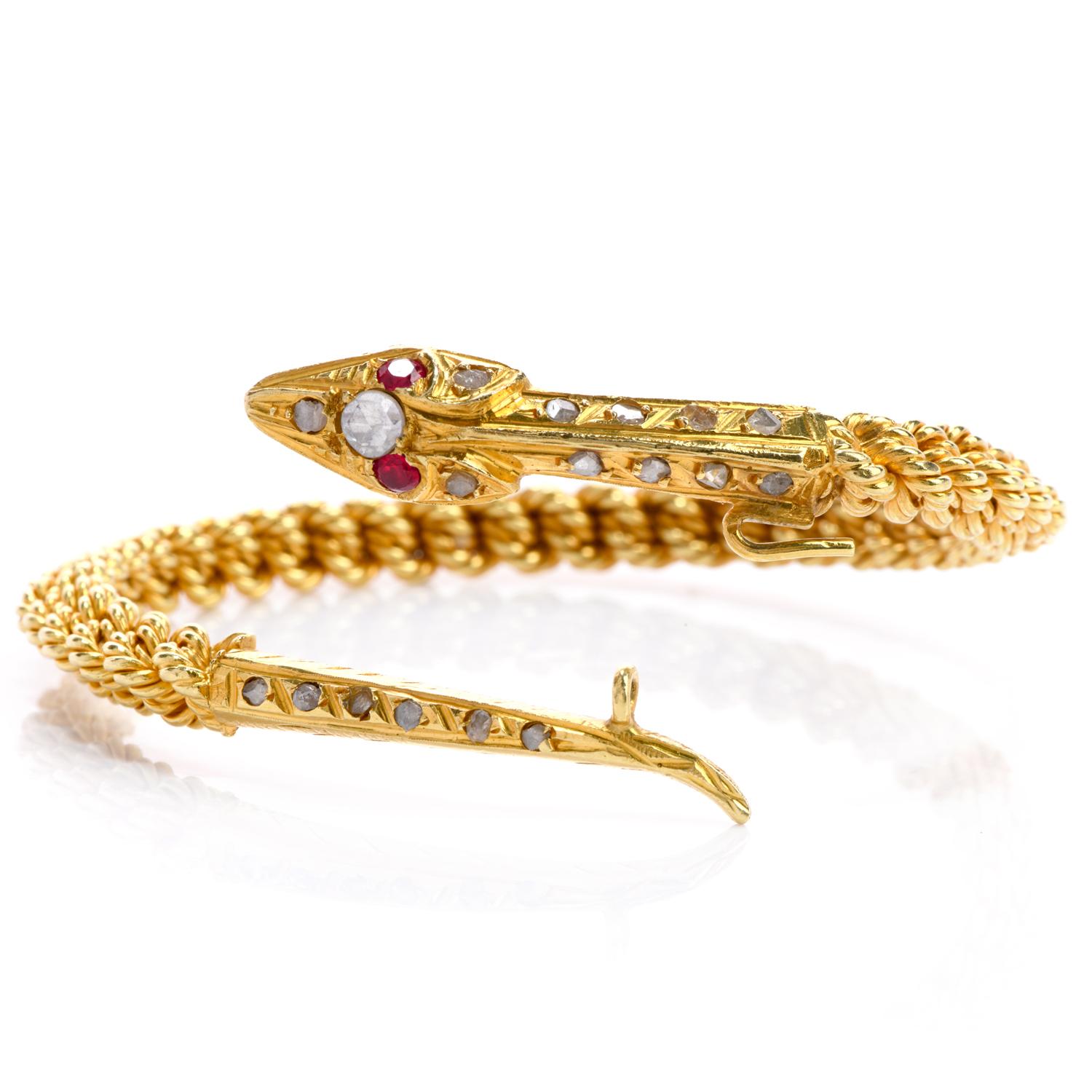 Vintage Snake Diamond Ruby 18 Karat Yellow Twisted Bangle Bracelet In Excellent Condition In Miami, FL