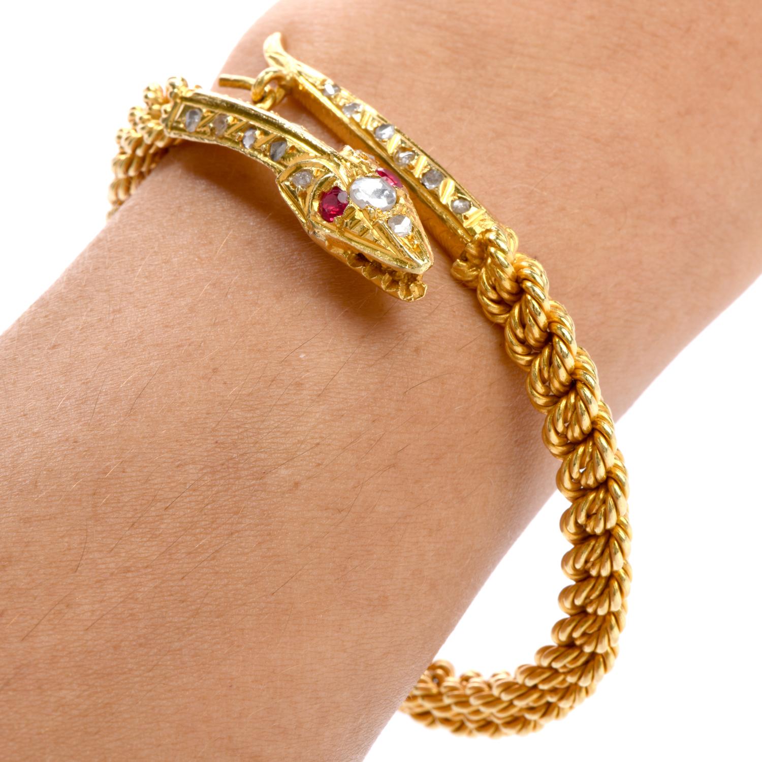 Women's Vintage Snake Diamond Ruby 18 Karat Yellow Twisted Bangle Bracelet