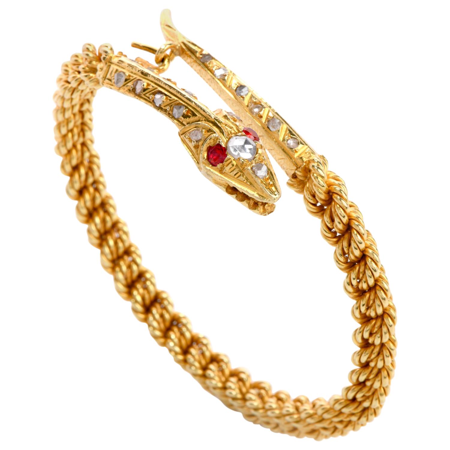 Vintage Snake Diamond Ruby 18 Karat Yellow Twisted Bangle Bracelet