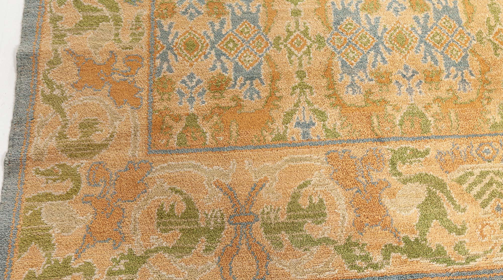Hand-Knotted Vintage Spanish Rug in Yellow, Blue and Green For Sale