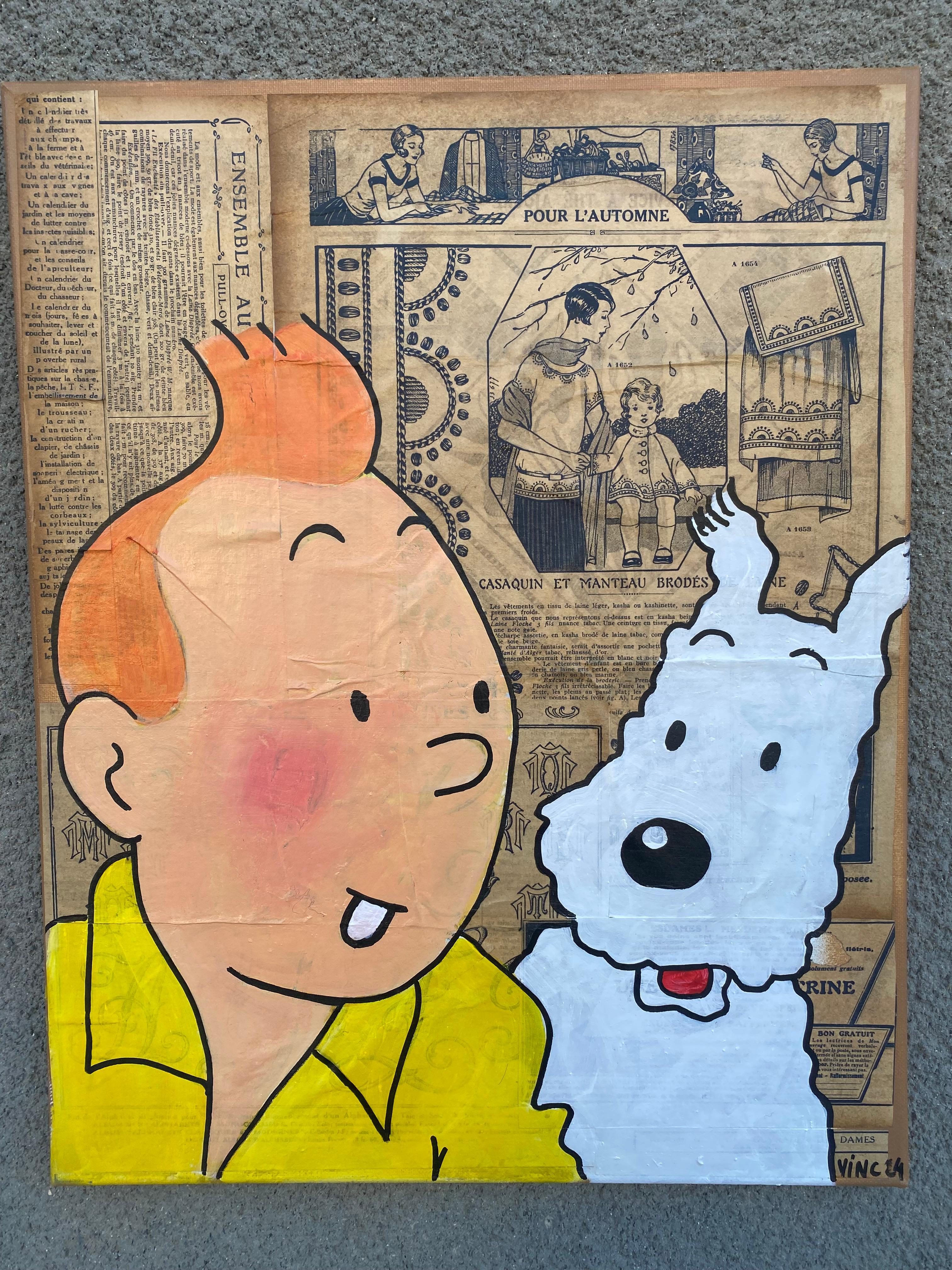 Vince 
Portrait de Tintin et Milou
Peinture et collage sur toile/vernis
Sur le journal original, mon travail de 1930
Daté de 2024 et signé 
40 x 50 cm 
260 euros 