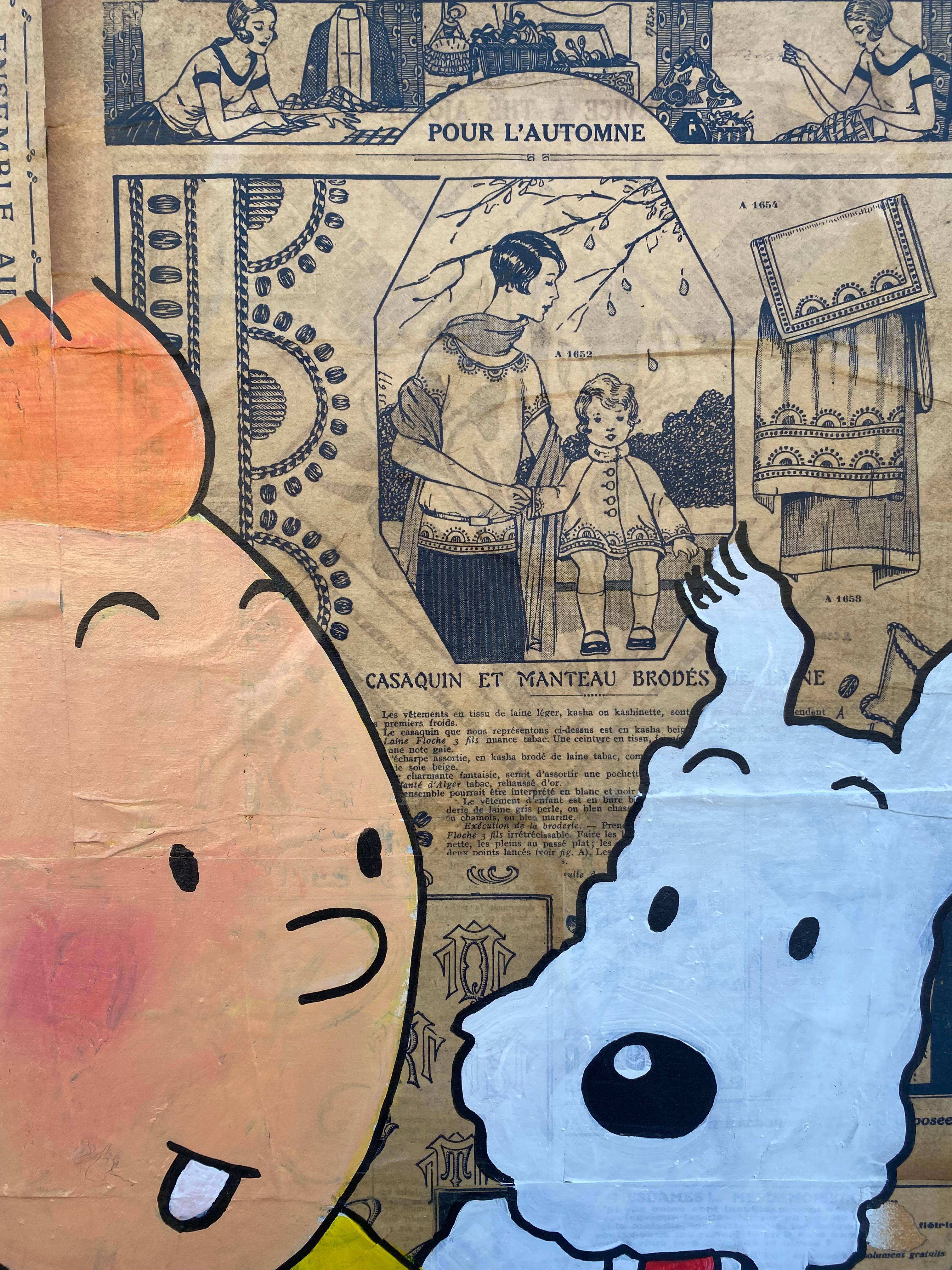Vince  Portrait de Tintin et Milou Peinture et collage sur toile Bon état - En vente à Saint ouen, FR