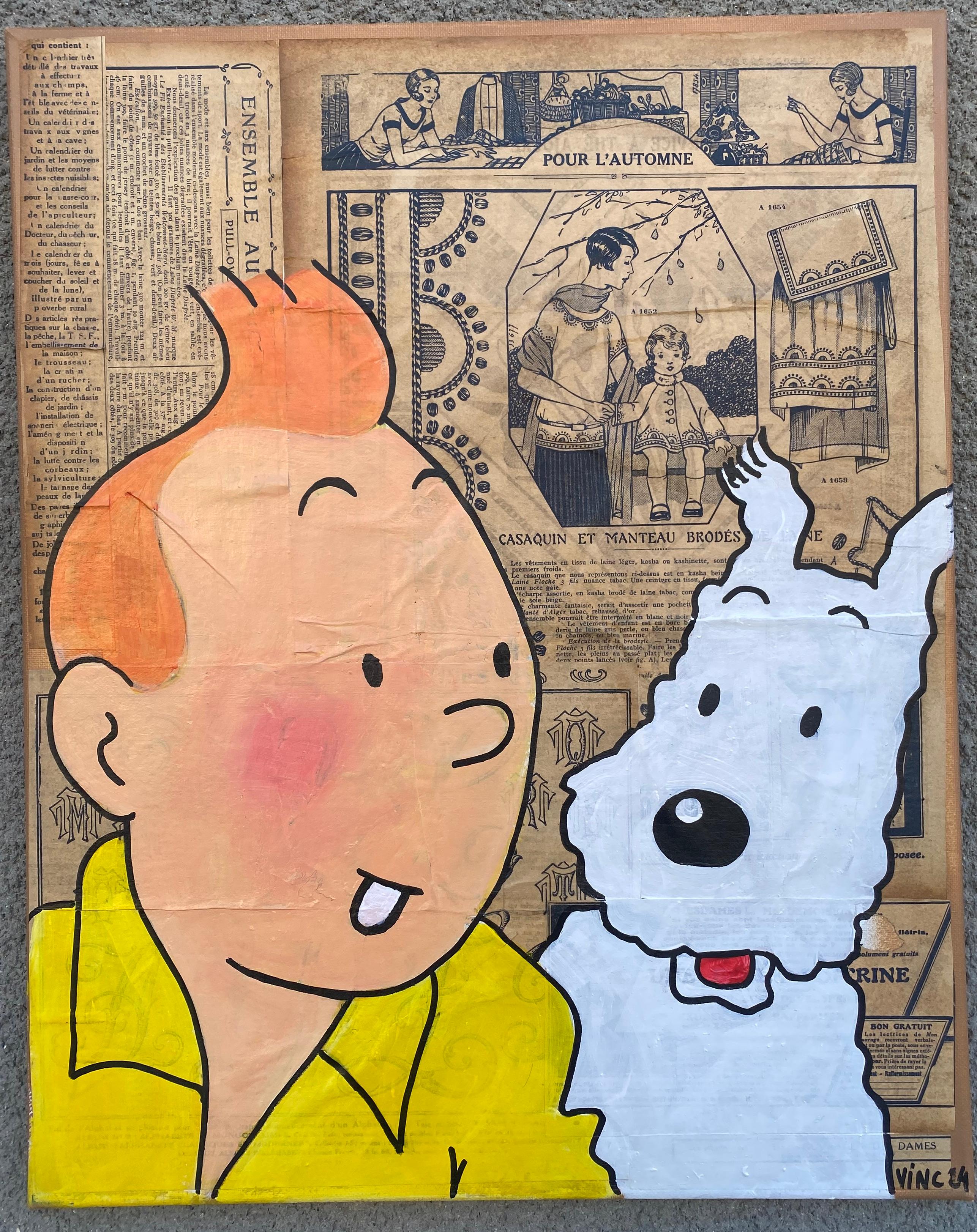 Papier Vince  Portrait de Tintin et Milou Peinture et collage sur toile en vente