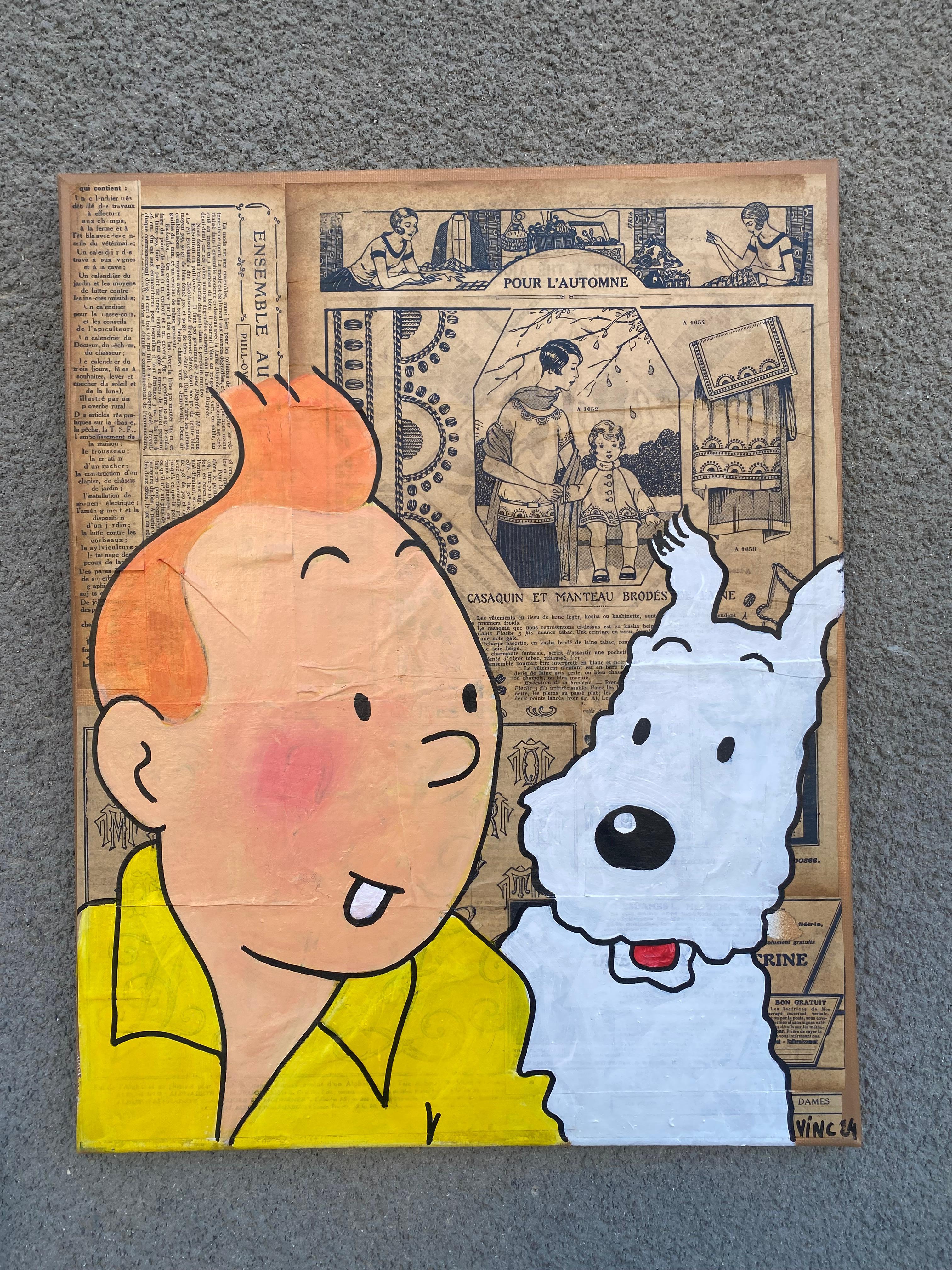 Vince  Portrait de Tintin et Milou Peinture et collage sur toile en vente 1