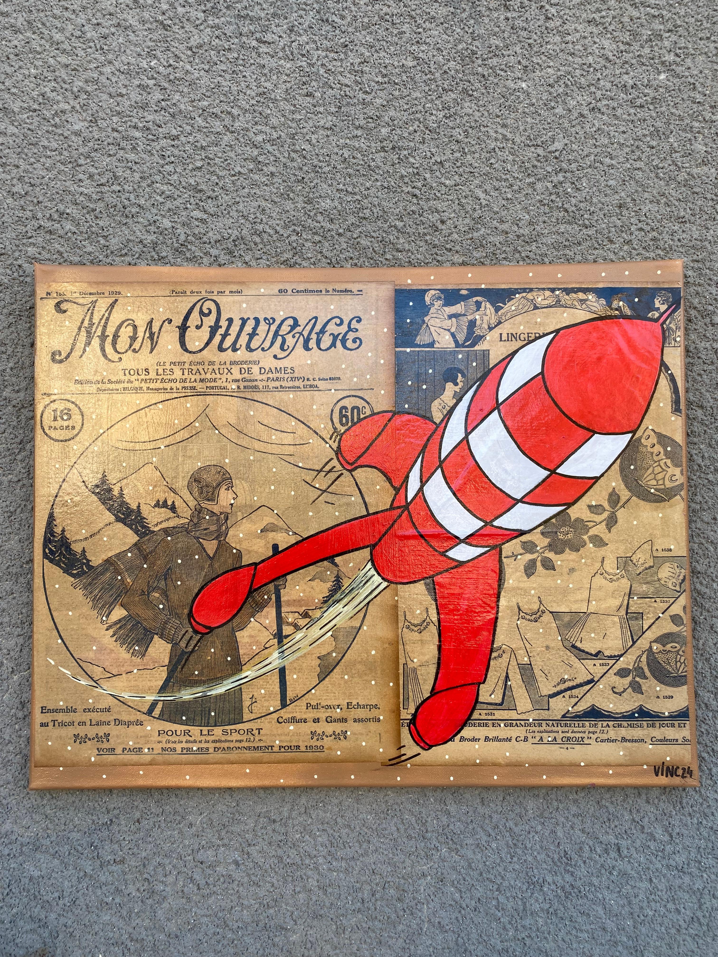 Vince
Hommage an Tintin
Abheben 
Malerei und Collage auf Keilrahmen
Auf Zeitung meine Arbeit von 1930
Datiert 2024 und unterzeichnet 
30 x 70 x 2 cm
290 Euro
