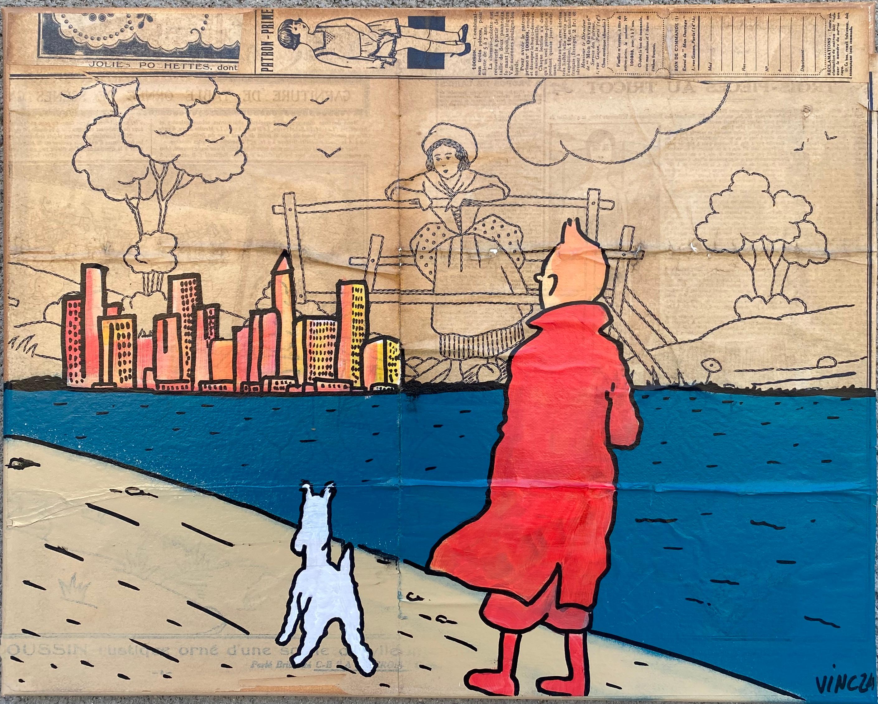 Vinc 
Tribute to tintin
The contemplation of New York
Painting and collage on canvas stretcher and varnish
On Journal mon ouvrage from 1930
Dated 2024 and signed
40 x 50 x 2 cms
290 euros 