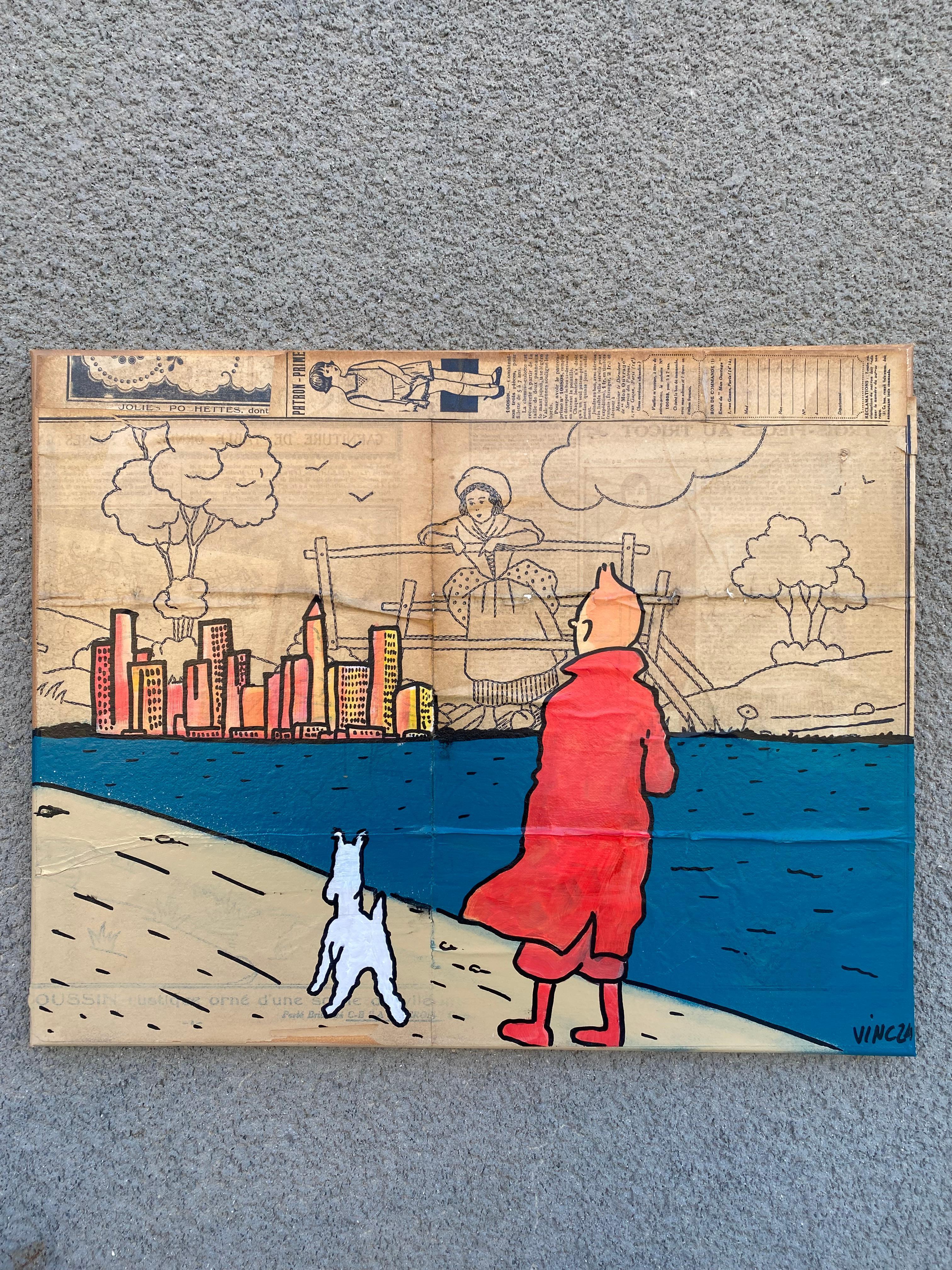 Vinc - Tribute to tintin The contemplation of New York Painting In Good Condition For Sale In Saint ouen, FR
