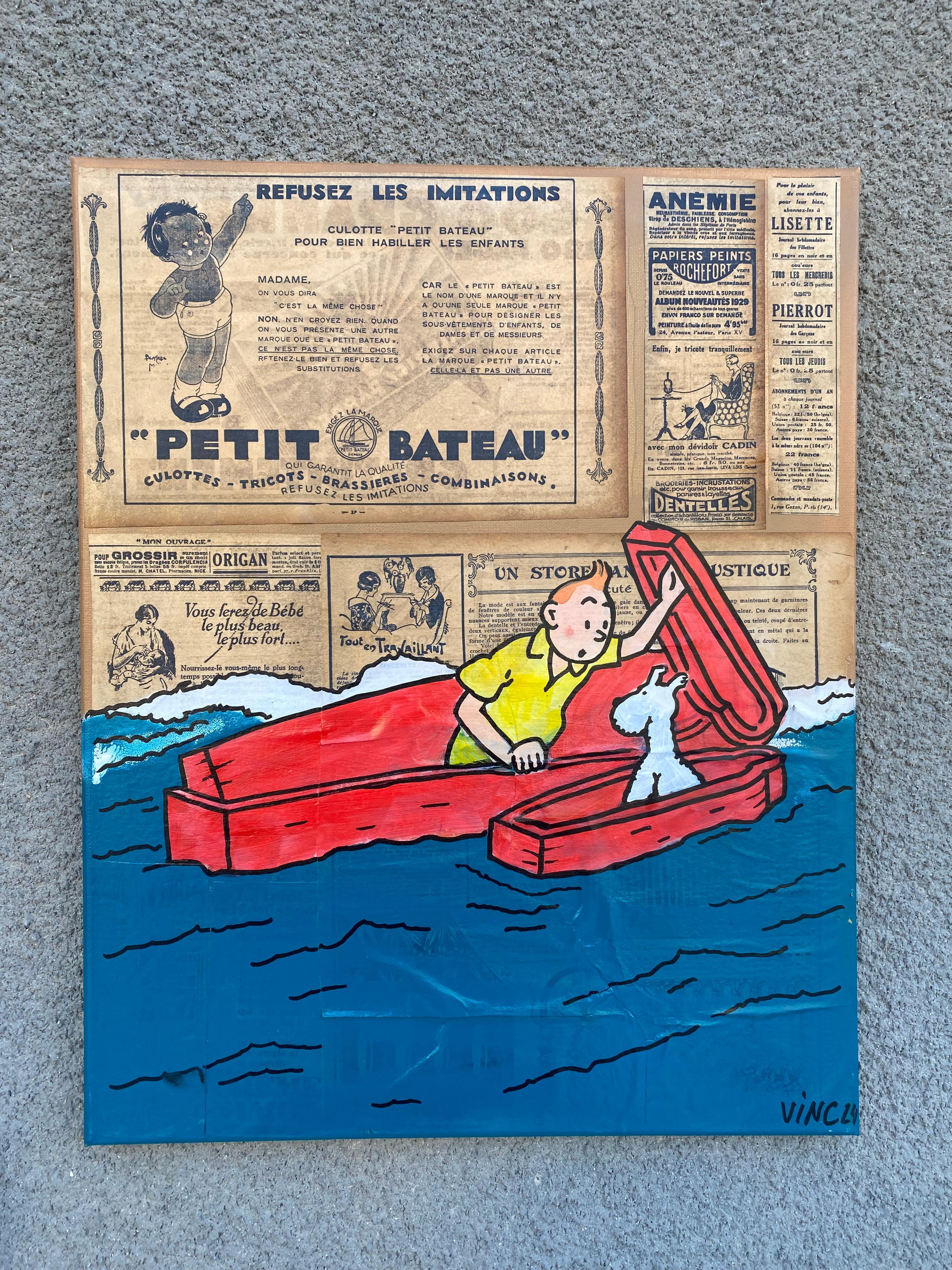 Vinc Homenaje a tintin El barquito Pintura y collage sobre bastidor en Bueno estado para la venta en Saint ouen, FR