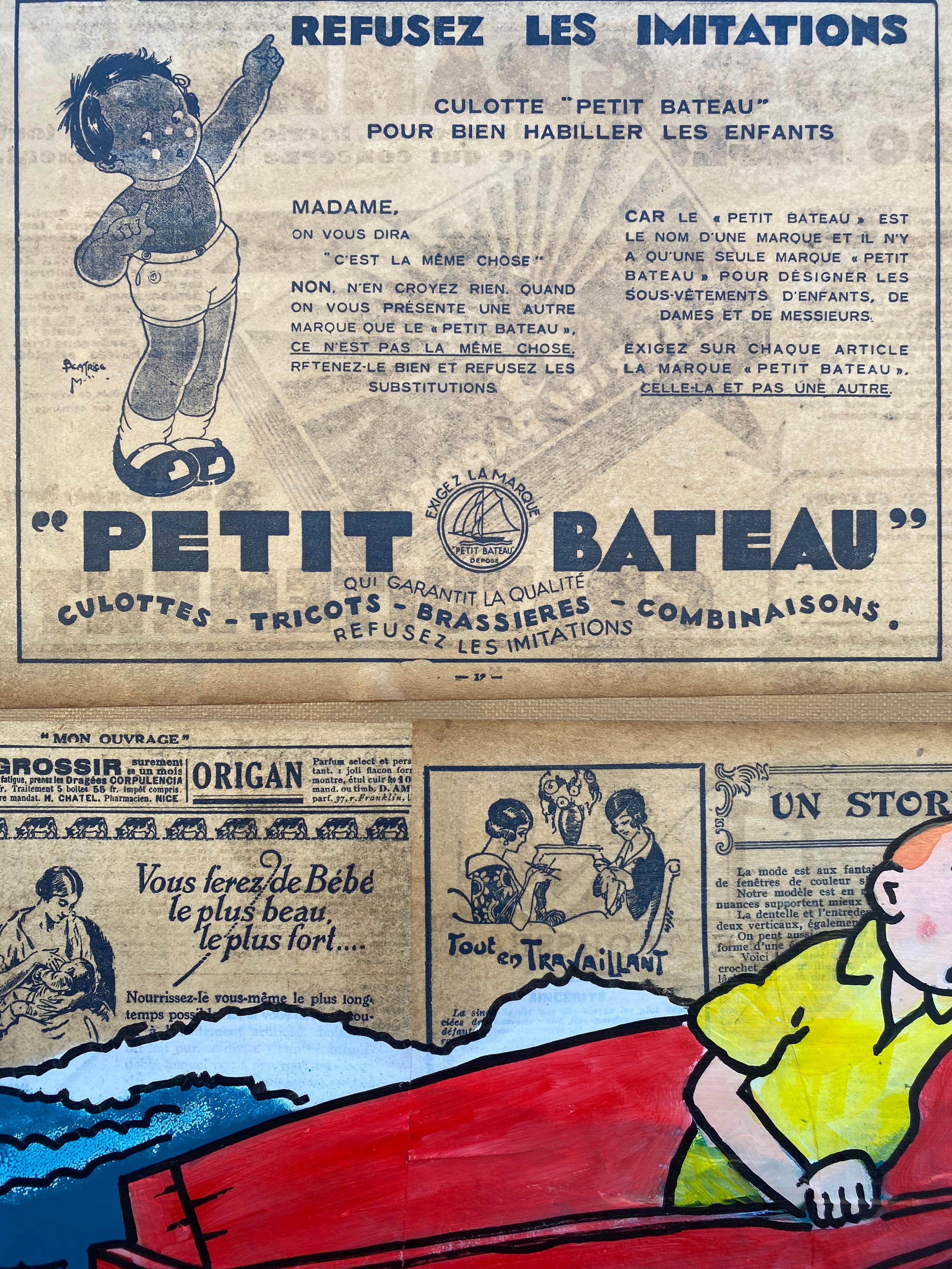 Vinc Homenaje a tintin El barquito Pintura y collage sobre bastidor Papel en venta