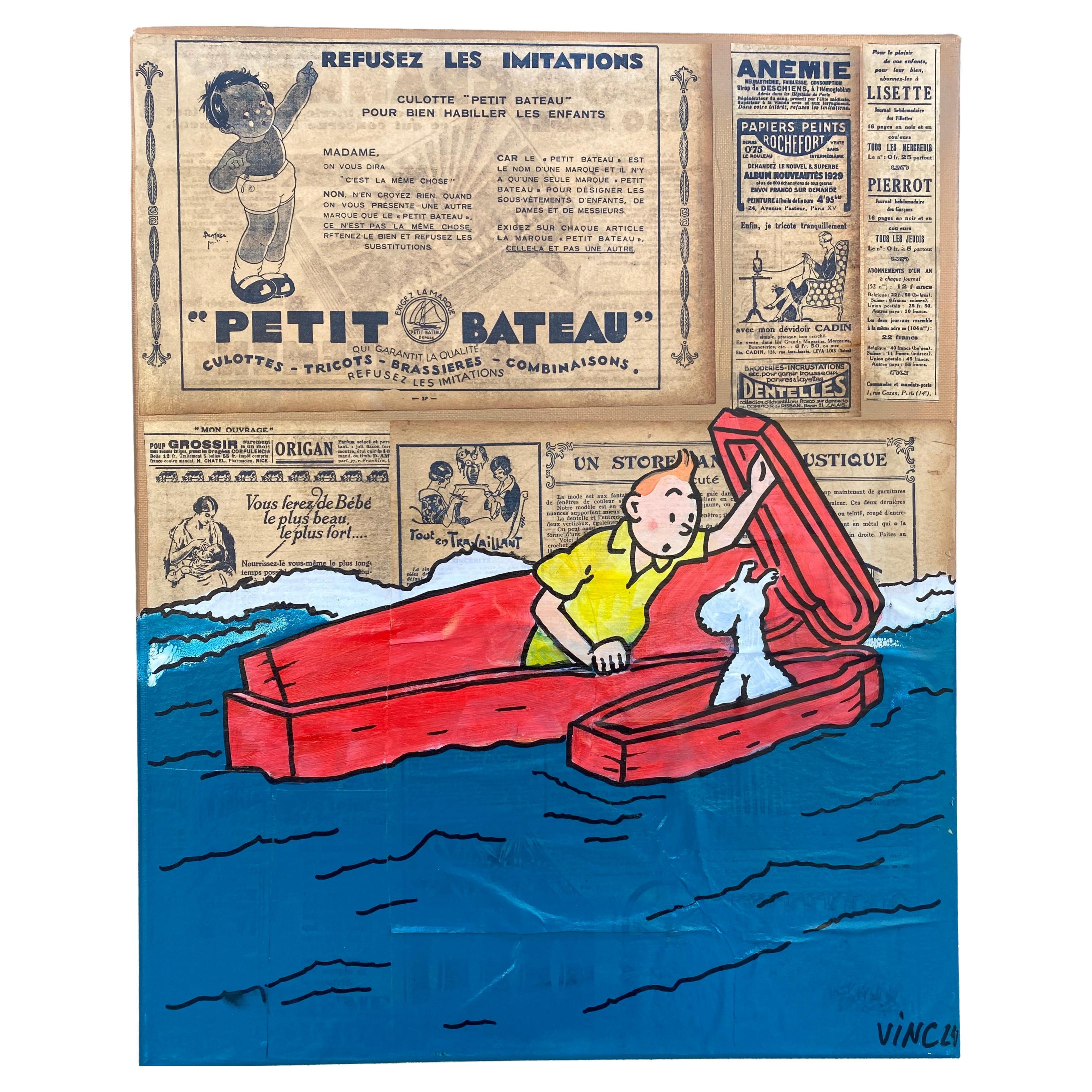 Vinc Homenaje a tintin El barquito Pintura y collage sobre bastidor