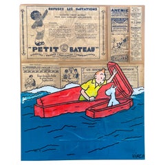 Vinc Homenaje a tintin El barquito Pintura y collage sobre bastidor
