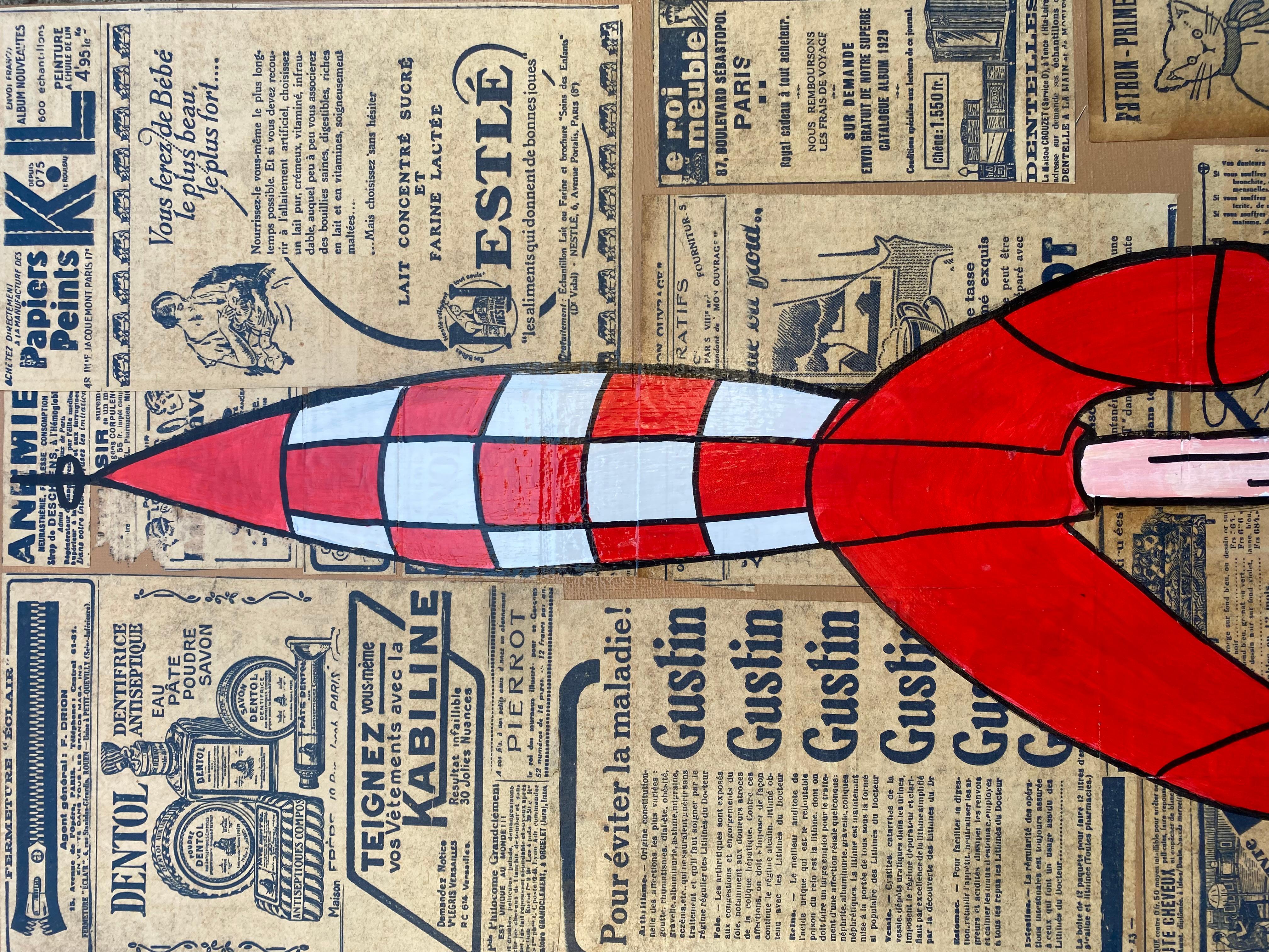Omaggio di Vince al razzo di Tintin Pittura e collage In condizioni buone in vendita a Saint ouen, FR