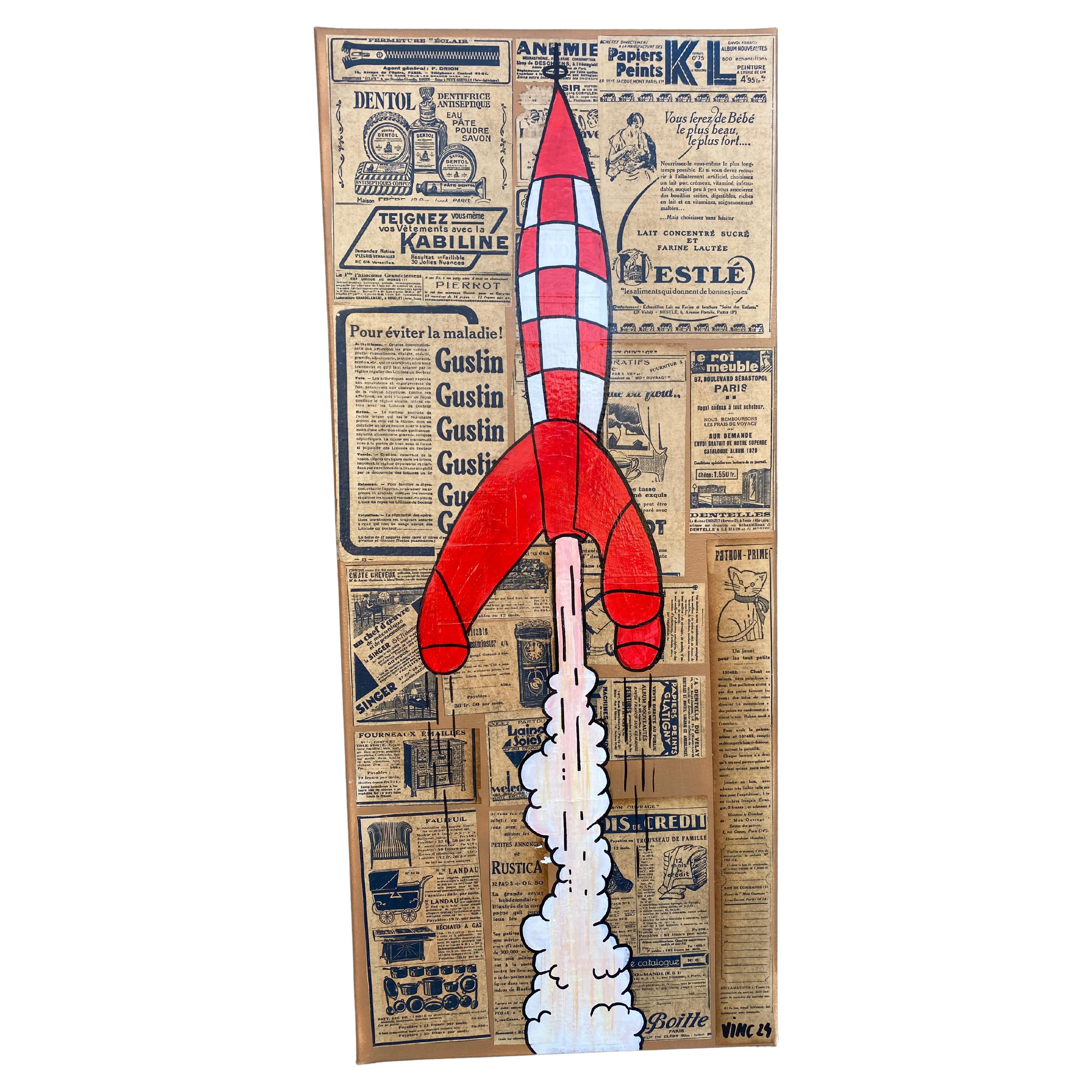 Vince Hommage à la fusée de Tintin Peinture et collage