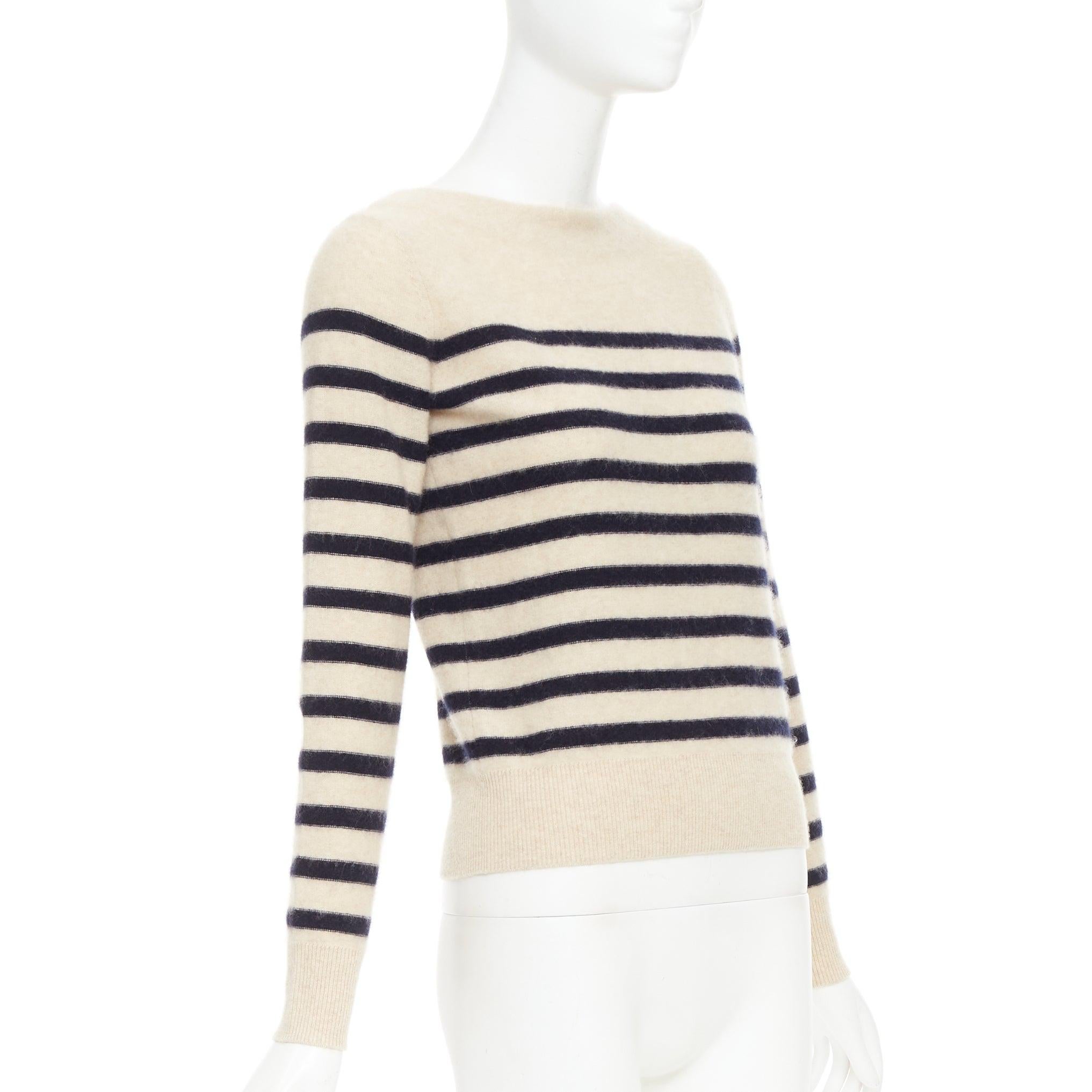 VINCE 100% Kaschmir Bretonisch gestreift Langarm Pullover mit Boot-Ausschnitt XXS (Beige) im Angebot