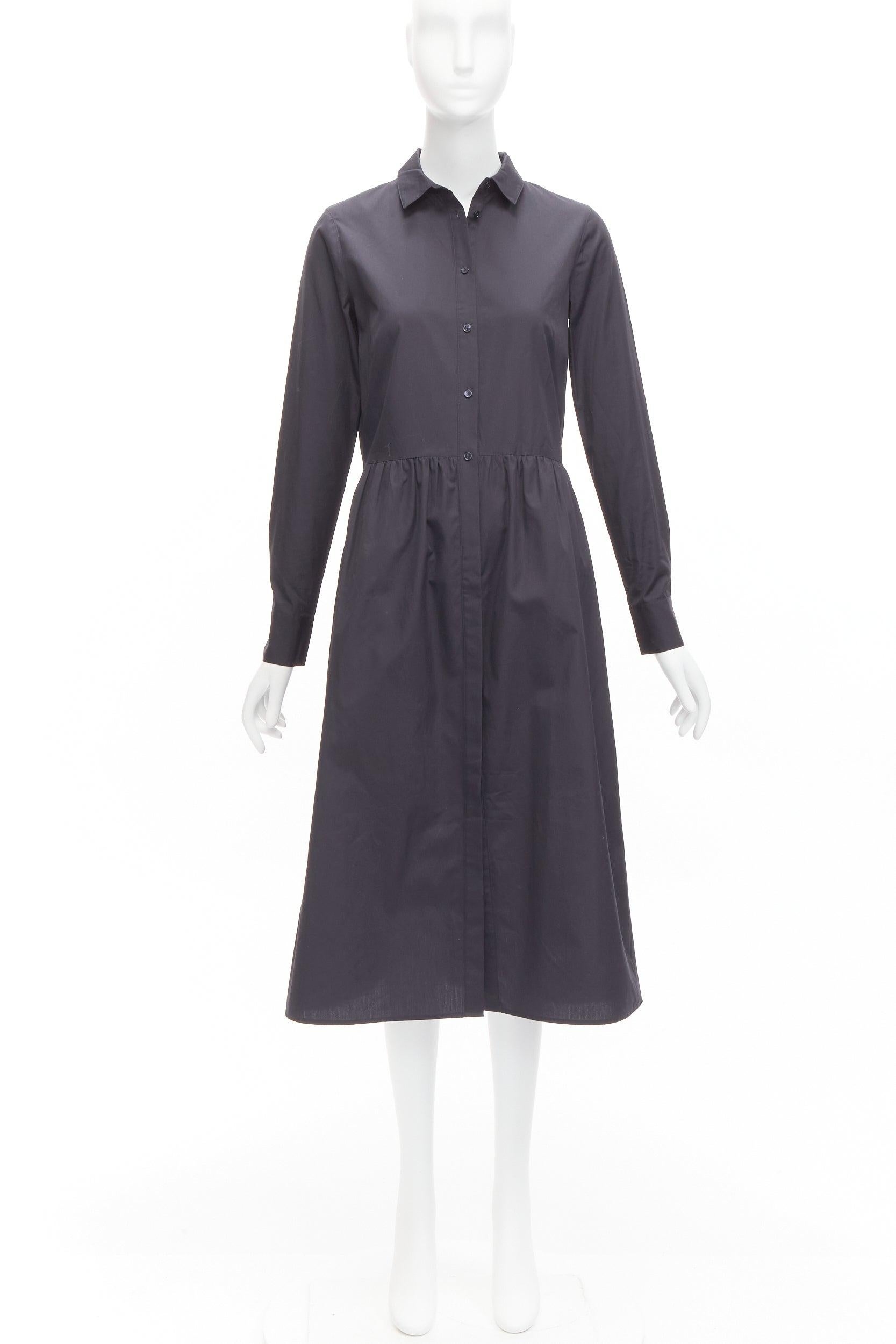 VINCE 100% cotton blacklong sleeve minimal gathered waist dart shirt dress XS For Sale 4