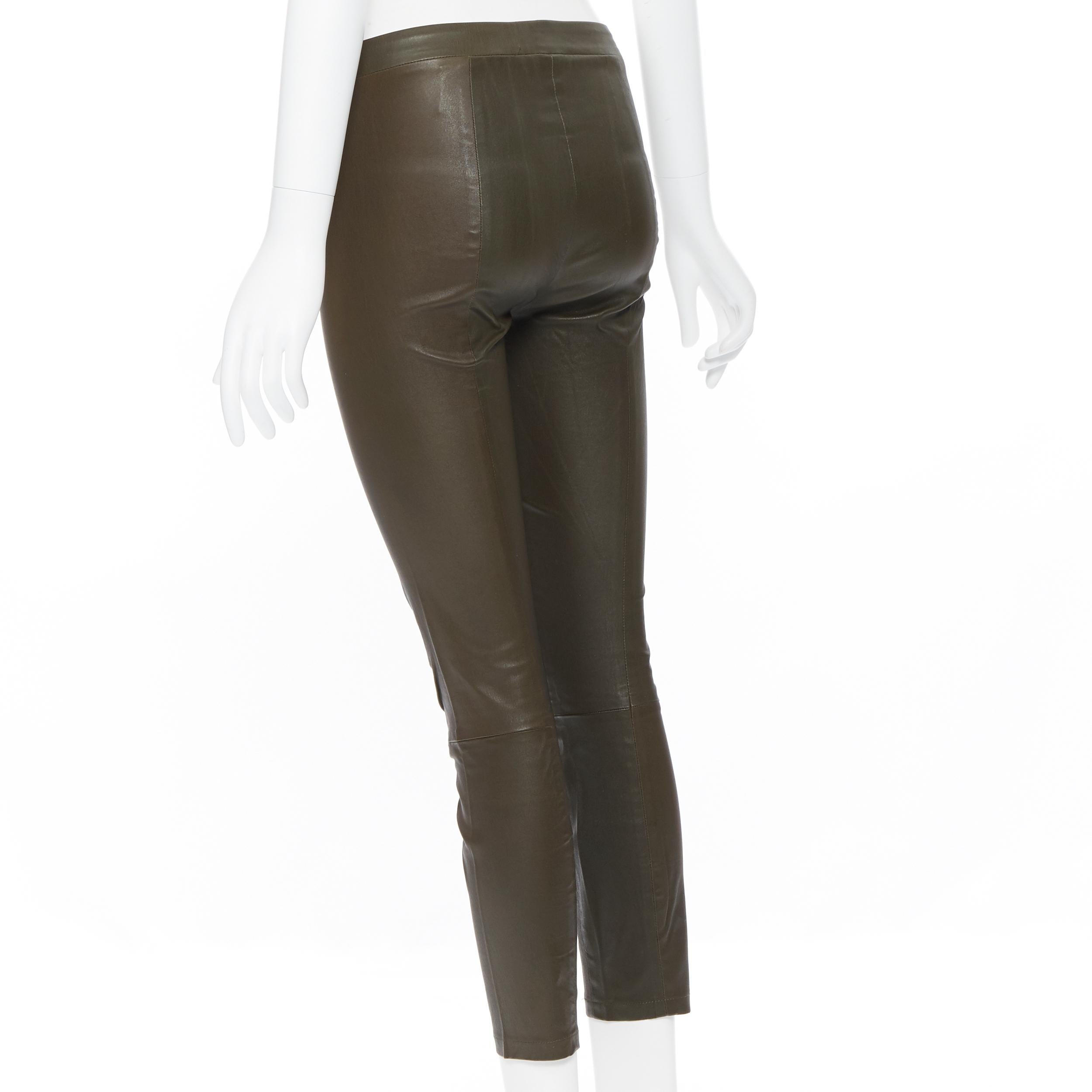 VINCE 100% leather dark moss military green stretchy skinny leg pants XS In Excellent Condition In Hong Kong, NT