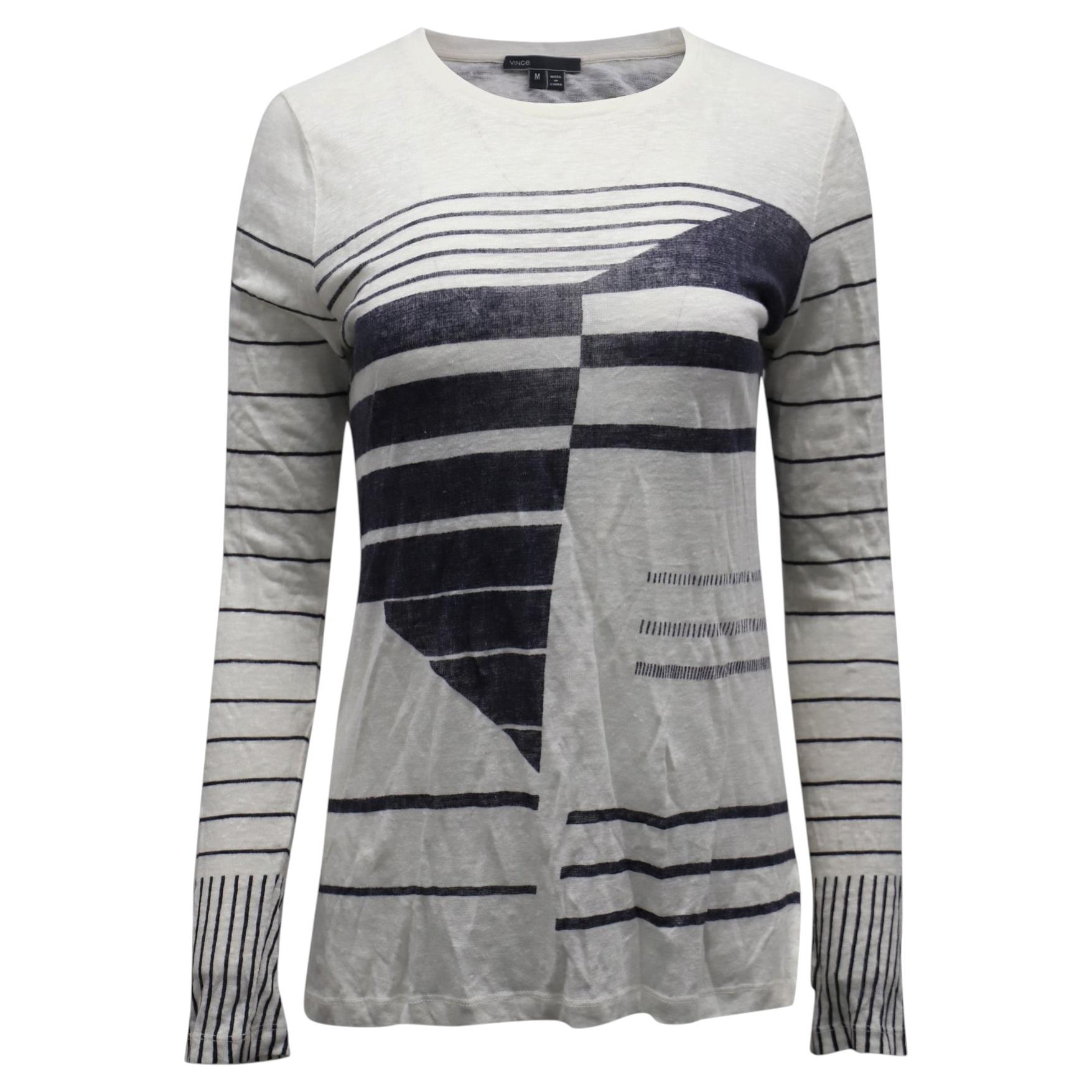 T-shirt à manches longues « Vince » à motif abstrait, en lin blanc en vente