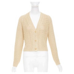 VINCE beige cream nude open work cotton mesh crochet knit button cardigan S