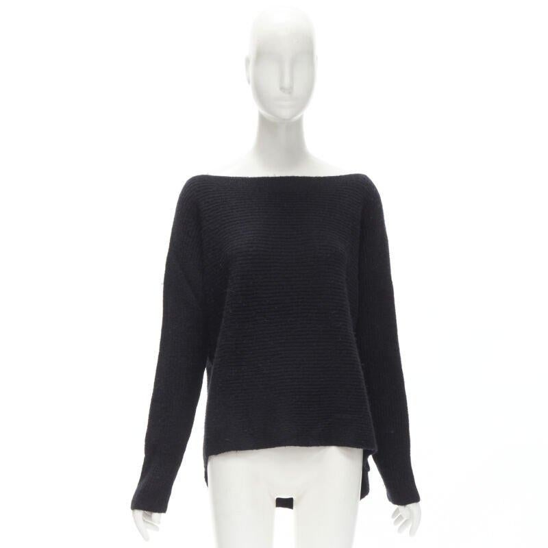 VINCE jersey negro mezcla de lana merino cuello barco ancho alto bajo M en venta 4
