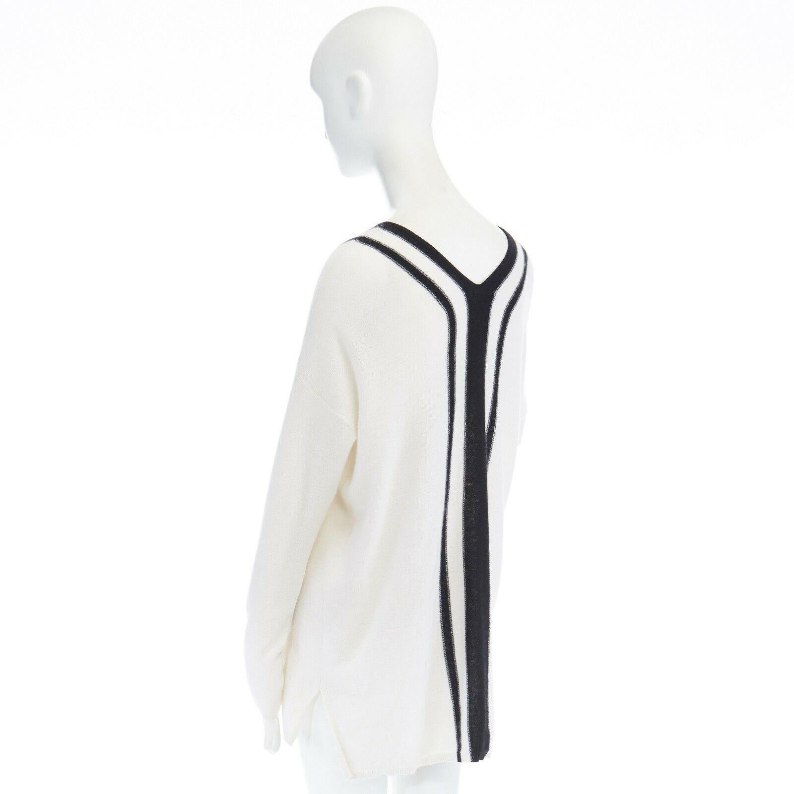 VINCE cashmere cream black striped V-neck varsity sweater top S In Excellent Condition In Hong Kong, NT