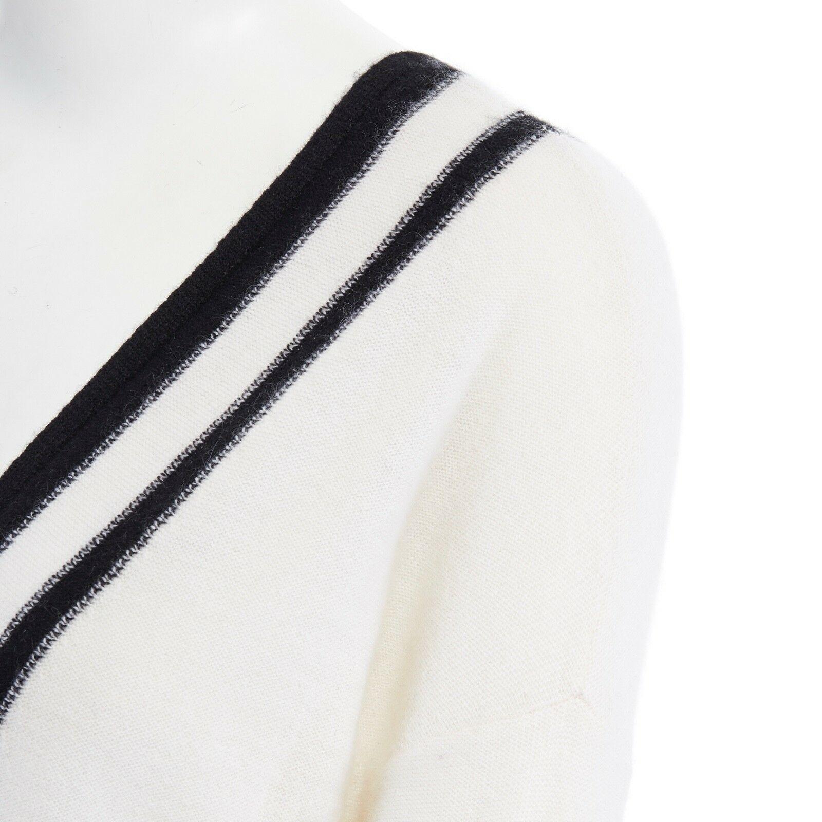 VINCE cashmere cream black striped V-neck varsity sweater top S 1